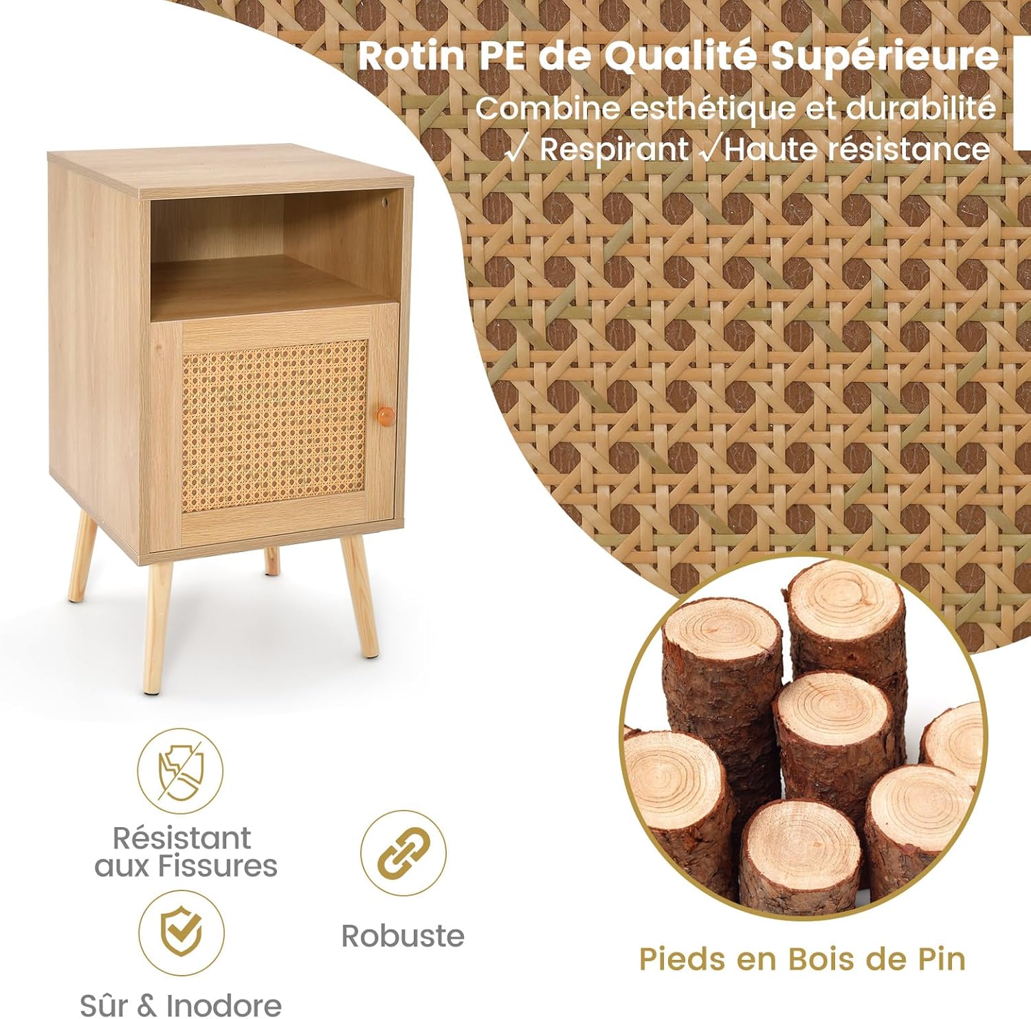 Table de Chevet 40 x 39 x 70 cm, Table de Nuit avec Etagère Ouverte et Porte Décorée de Cannage en Rotin PE, Pieds en Bois Massif (Naturel, 1) - 3