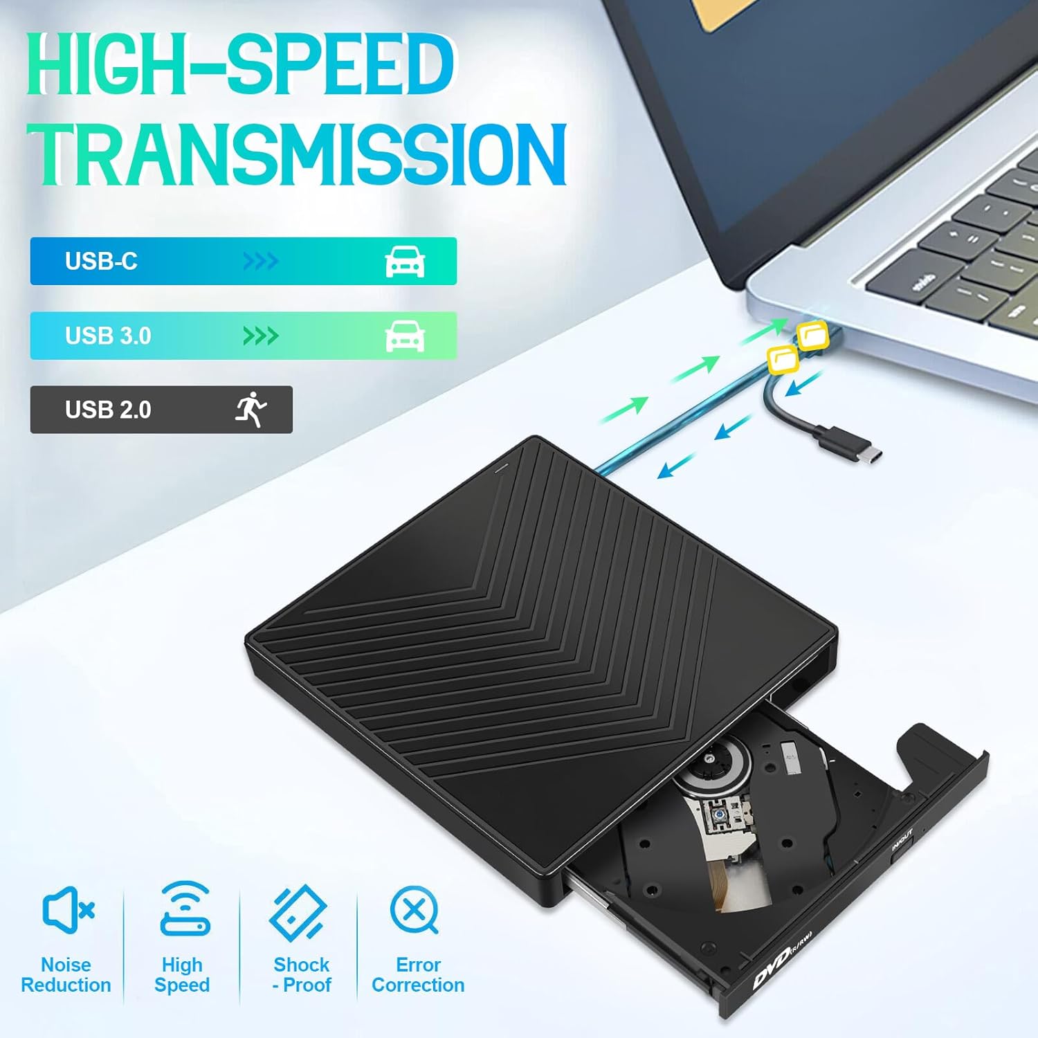 Lecteur CD DVD Externe 7 en 1 USB 3.0 et Type-C, Graveur CD DVD +/-RW ROM Portable avec Slots SD/TF, 4 Ports USB et USB-C, Compatible PC Windows 11/10 - 5