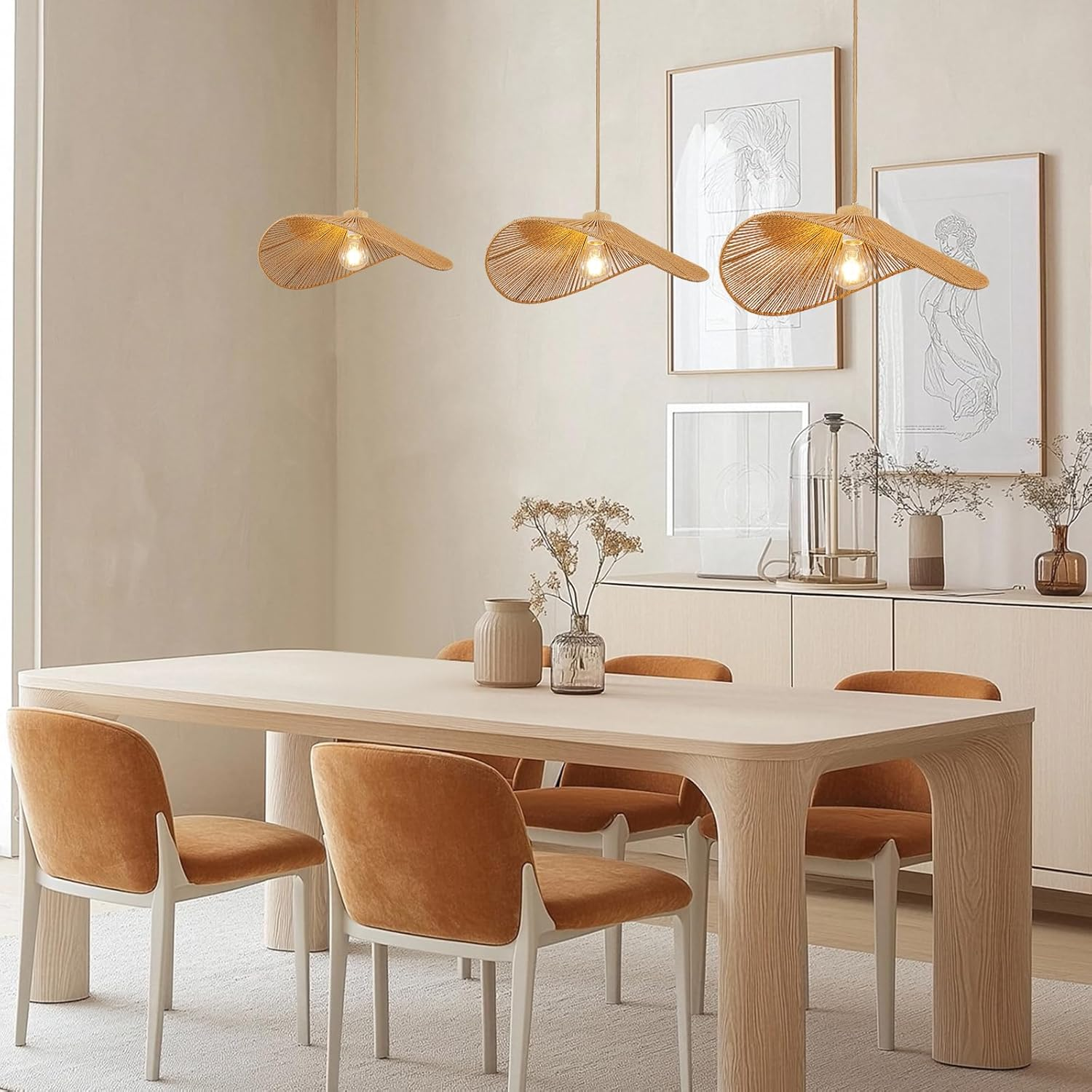 Suspension bohème, lustre en corde de chanvre tressée à la main, lampe suspendue de style wabi-sabi, plafonnier avec ampoule, lumière chaude, φ40cm - 3