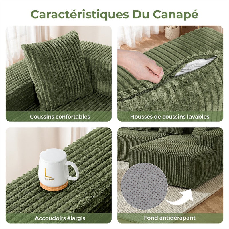 DRIPEX Canapé d'angle droit en velours côtelé avec 4 coussins,Canapé Modulable 4 places avec méridienne en L,261×156×80cm,Vert - 9