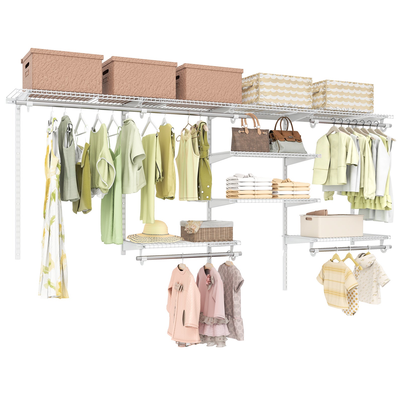 Zestaw Szaf Wiszących o Wysokości 122–244 cm, Ubrania do Garderoby DIY z Otwartymi Półkami, Drążkami do Wieszania i Inteligentną Regulacją, Biały