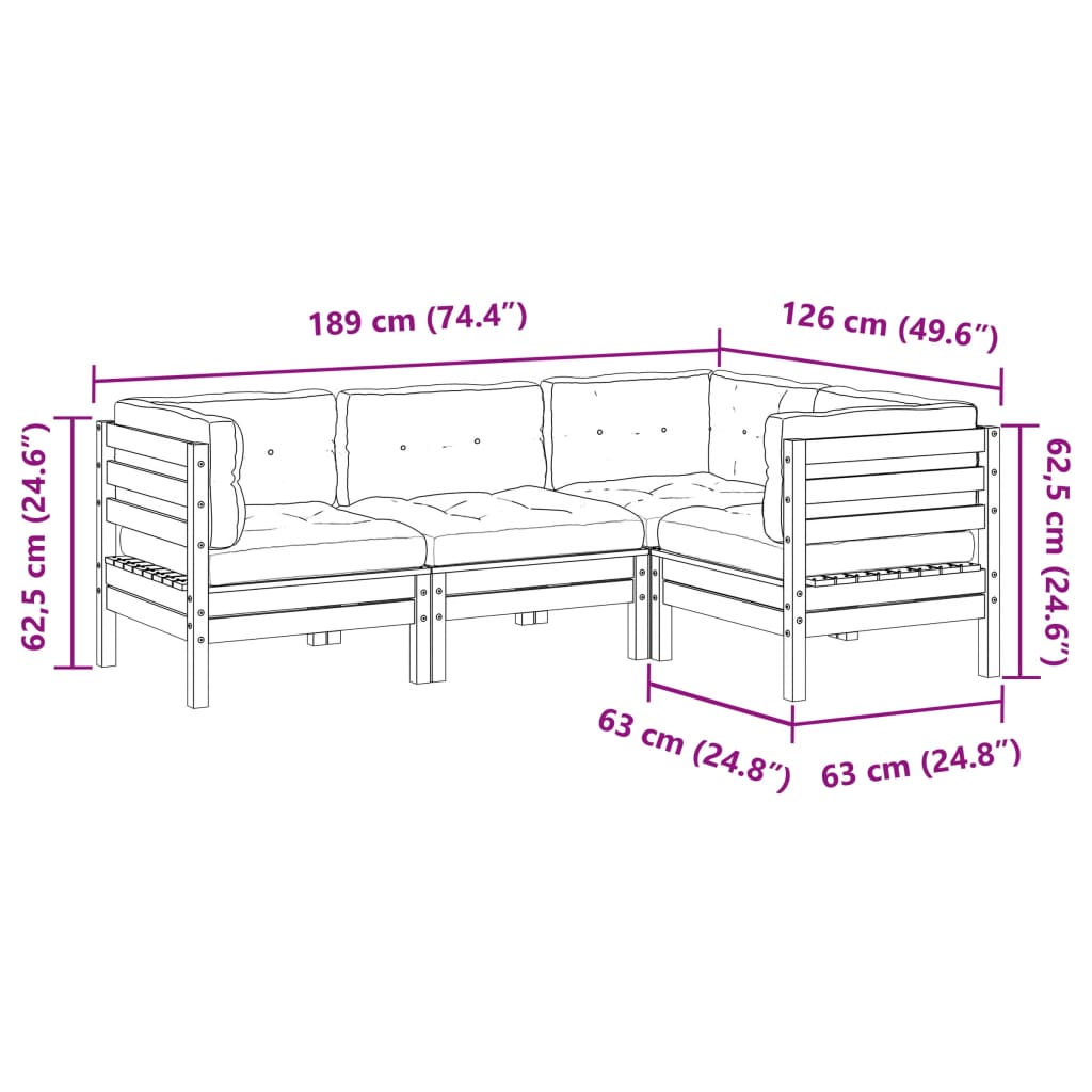 Salon de jardin 4 pcs avec coussins cire marron bois pin massif - 9