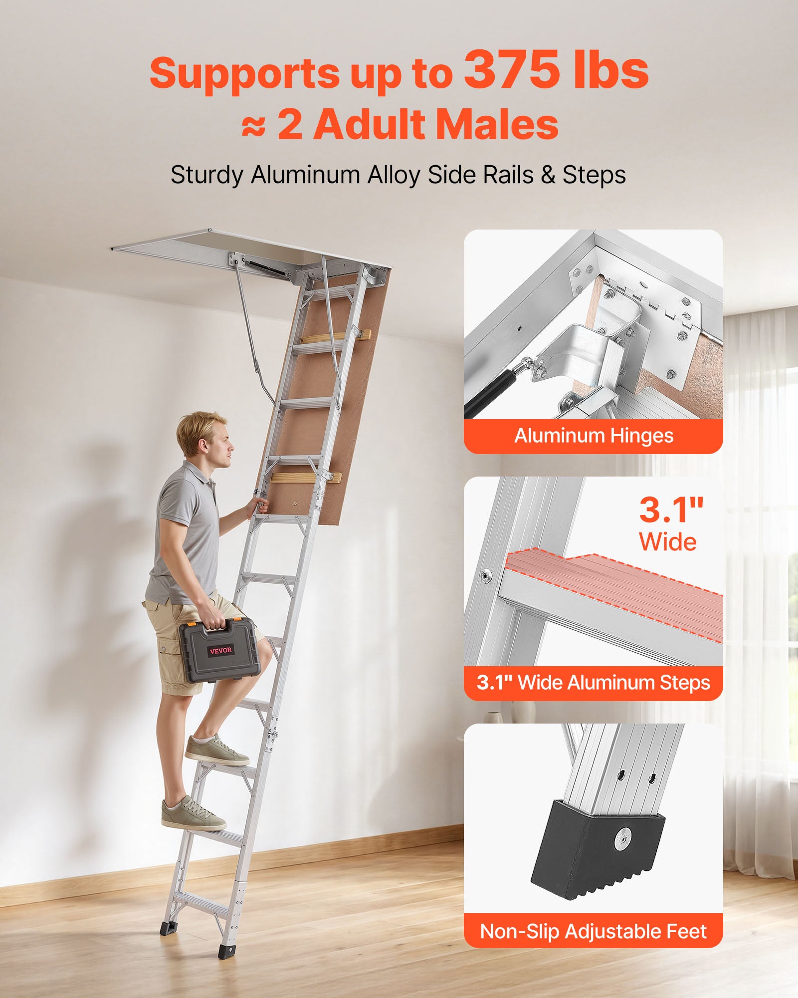 Escalier Escamotable pour Grenier VEVOR, en Alliage d'Aluminium, Échelle de Grenier Pliante, Adapté aux Hauteurs de Plafond 299-314 cm ou 233,5-299 cm - 5