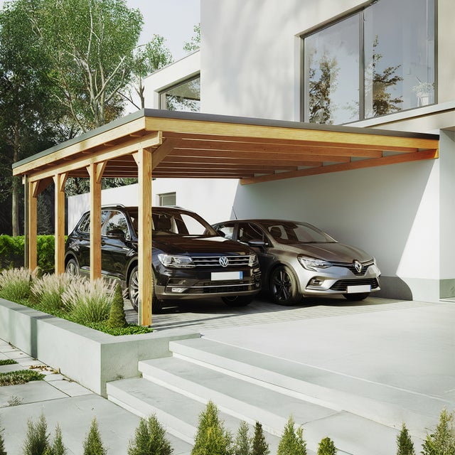 Carport Adosse Bois RIVERSIDE - 2 Voitures - 548 x 550 - Abris Voiture - Feutre Bitumeux sur les Voliges - Bandeau de Finition - Toit Plat