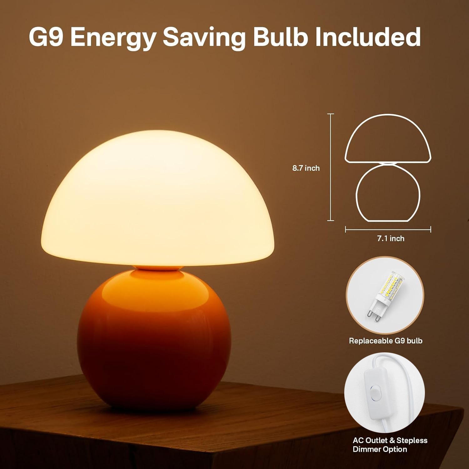 Lampe champignon petite lampe, lampe de chevet de table pour chambre à coucher, lampe moderne 3 couleurs, orange - 4