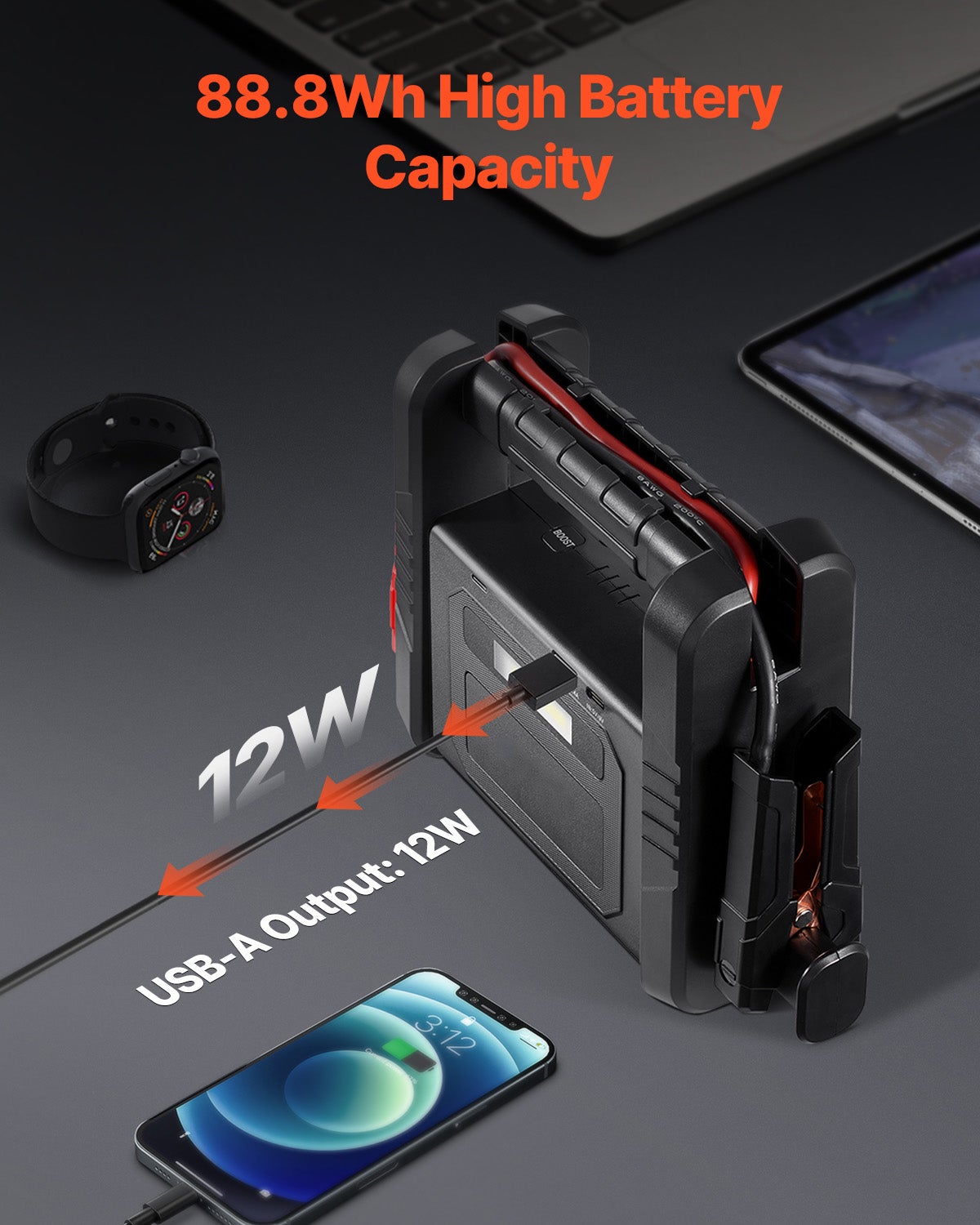 Booster Batterie 4000A 88,8Wh SucceBuy, Démarreur Lithium Portable Sans Compresseur, Câbles, LCD, LED, Essence/Diesel ≤10L - 7