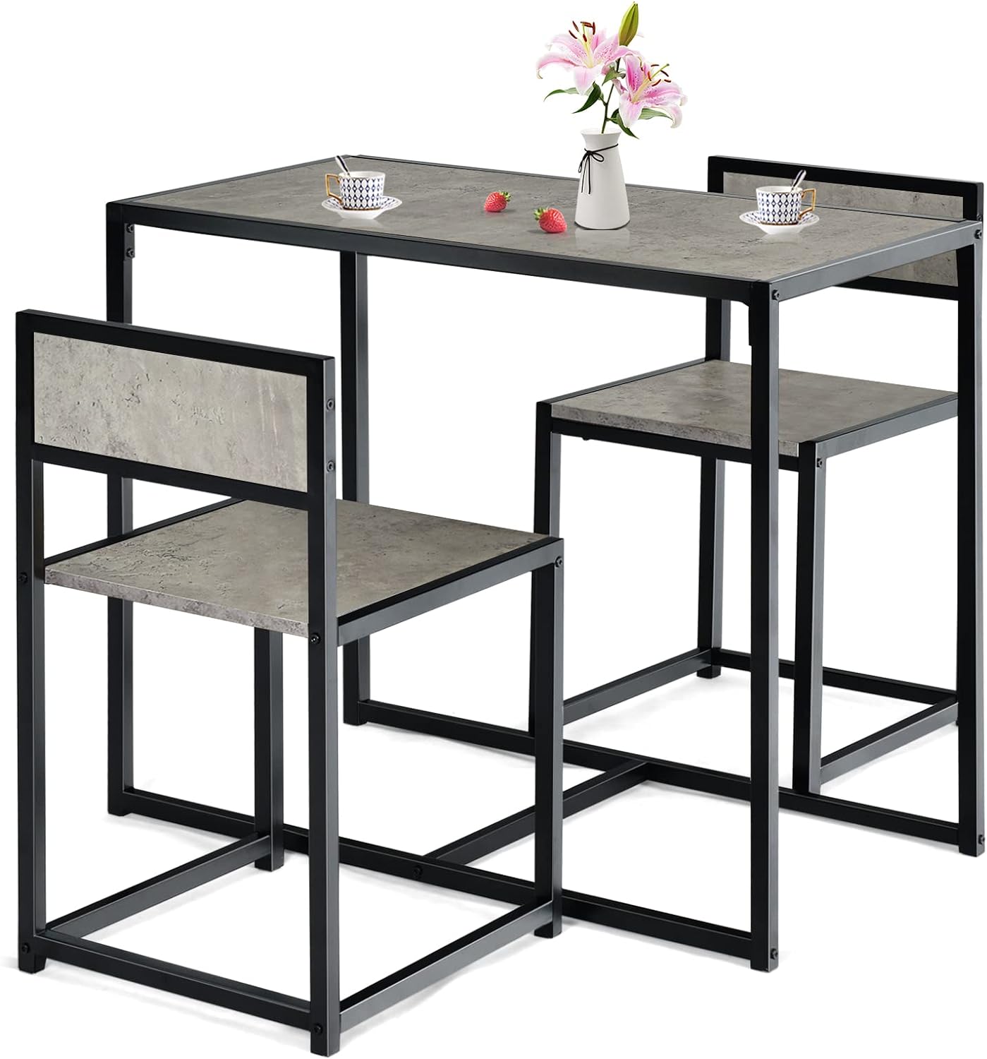 Zestaw Stołu i Krzeseł, Kompaktowy i Antypoślizgowy, z Metalową Ramą, Stół z 2 Krzesłami, Solidny i Praktyczny, Idealny Styl Retro (Szary)