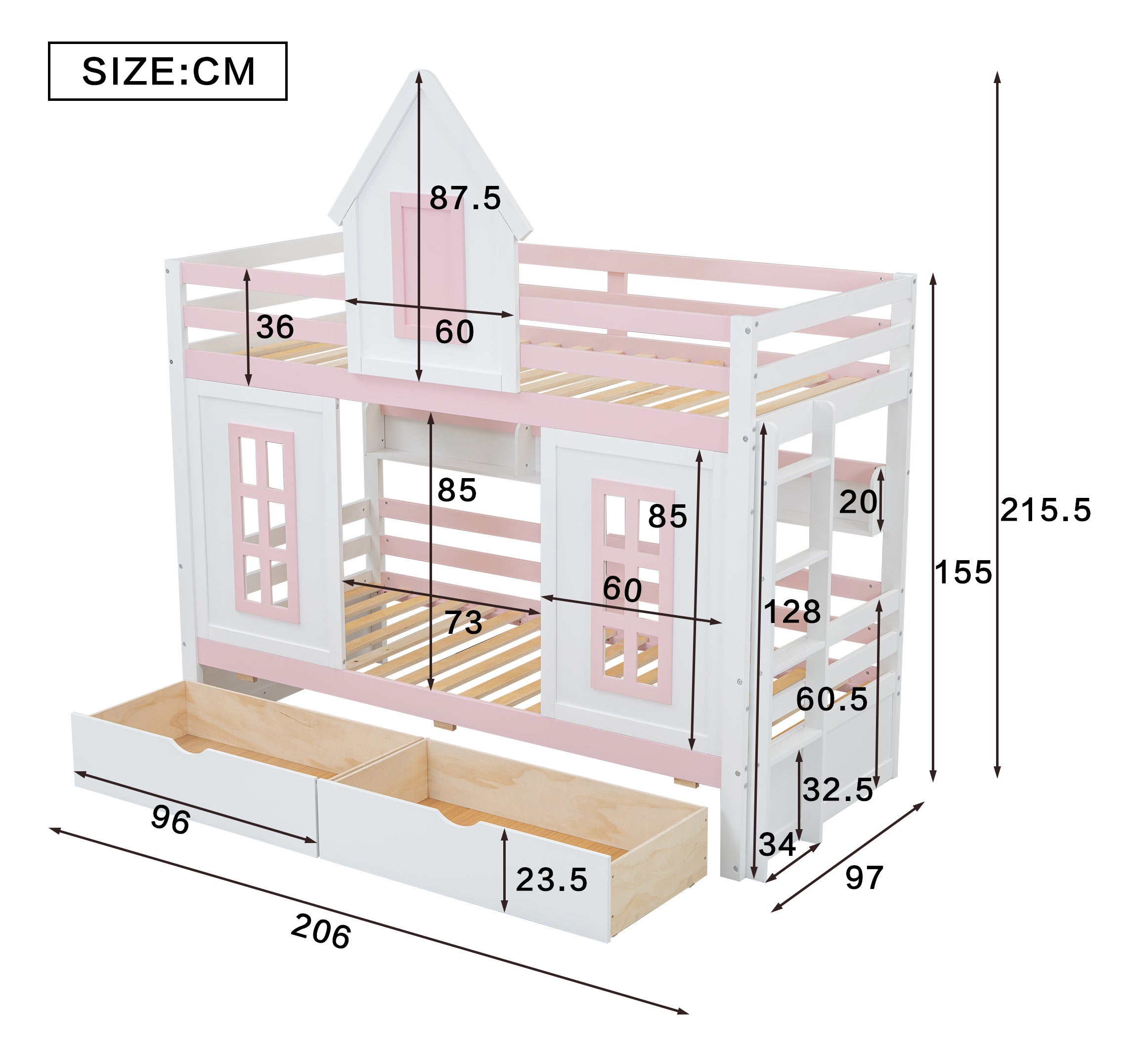 Letto a castello, letto per bambini con tetto e finestra, con sponda di sicurezza, due cassetti con rotelle, ripiano aperto, pino + MDF, bianco + rosa - 4