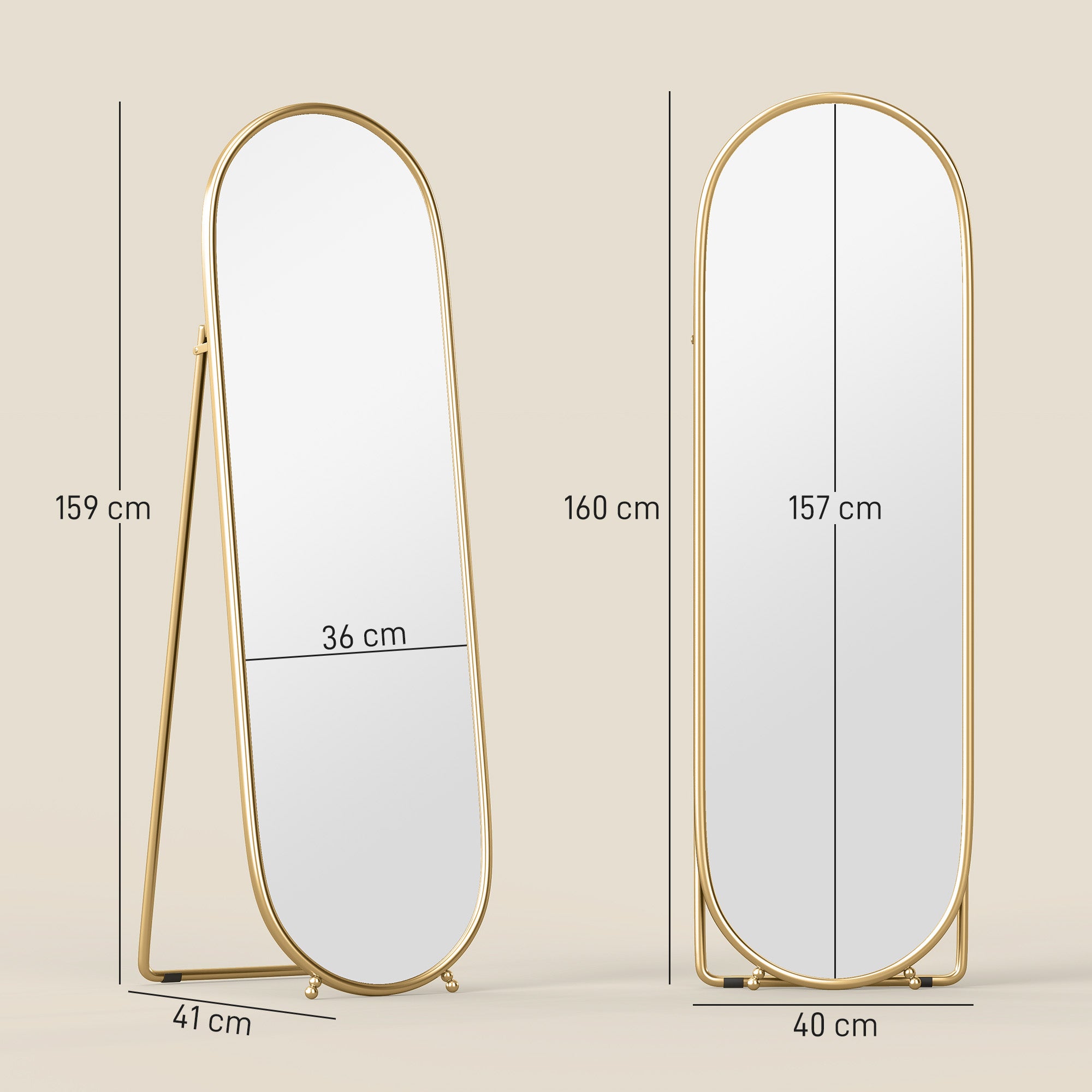 Miroir de sol moderne en pied, or, salon et couloir, pour chambre, MDF et métal, en verre, miroir vertical anti-explosion de 157x36 cm avec cadre - 5