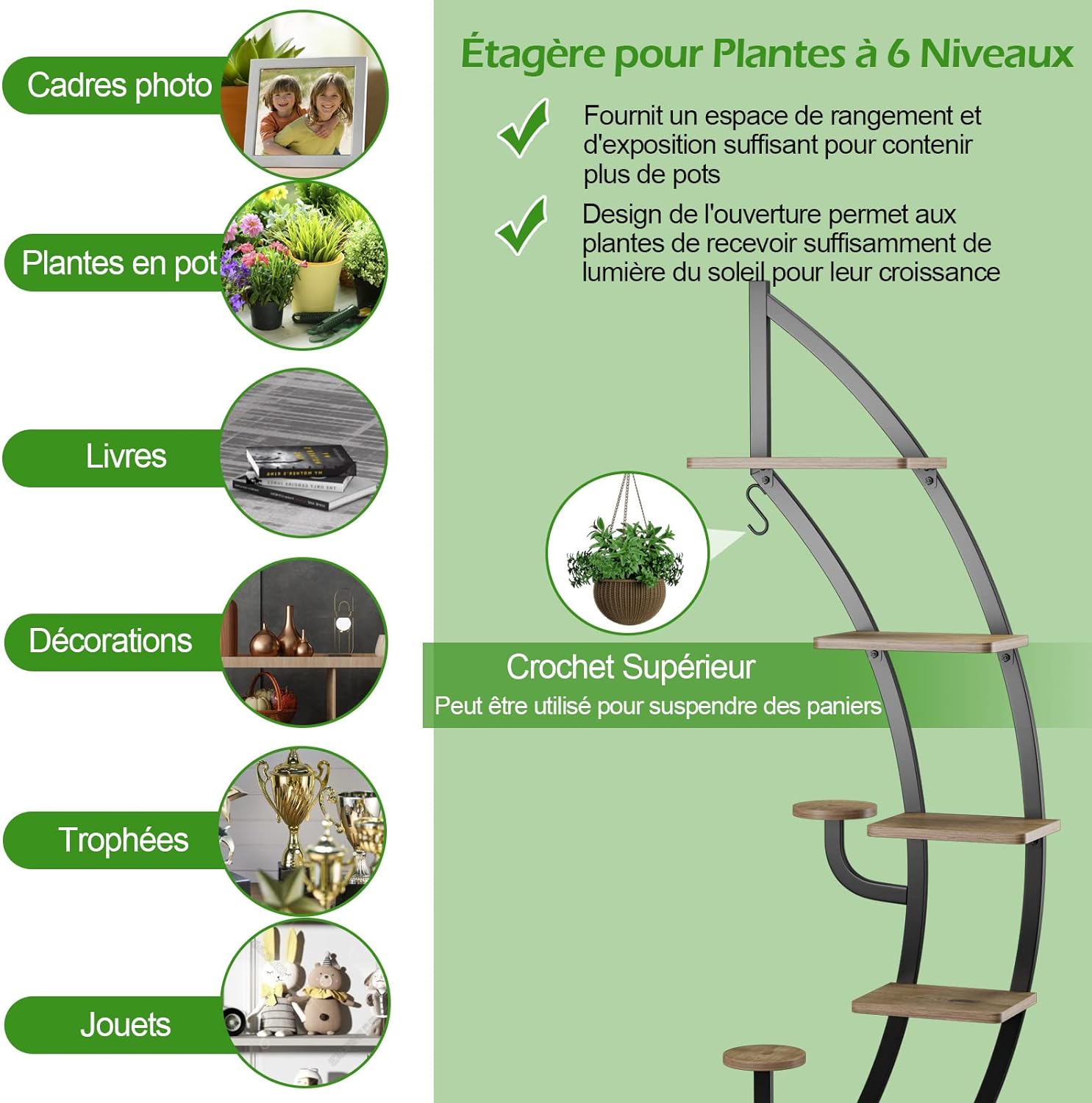 Support de Plante en Métal à 7 Niveaux, Étagère à Fleurs avec Crochet, Porte Plantes en Forme de Demi-lune, 60 x 30 x 155 CM, Marron - 7