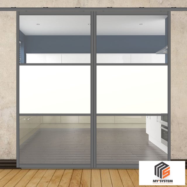 PORTE DOUBLE COULISSANTE H2088 - L1067 mm - 3 VERRES HORIZONTAUX - MIXTE 2 CLAIRS + 1 OPALE - GRIS