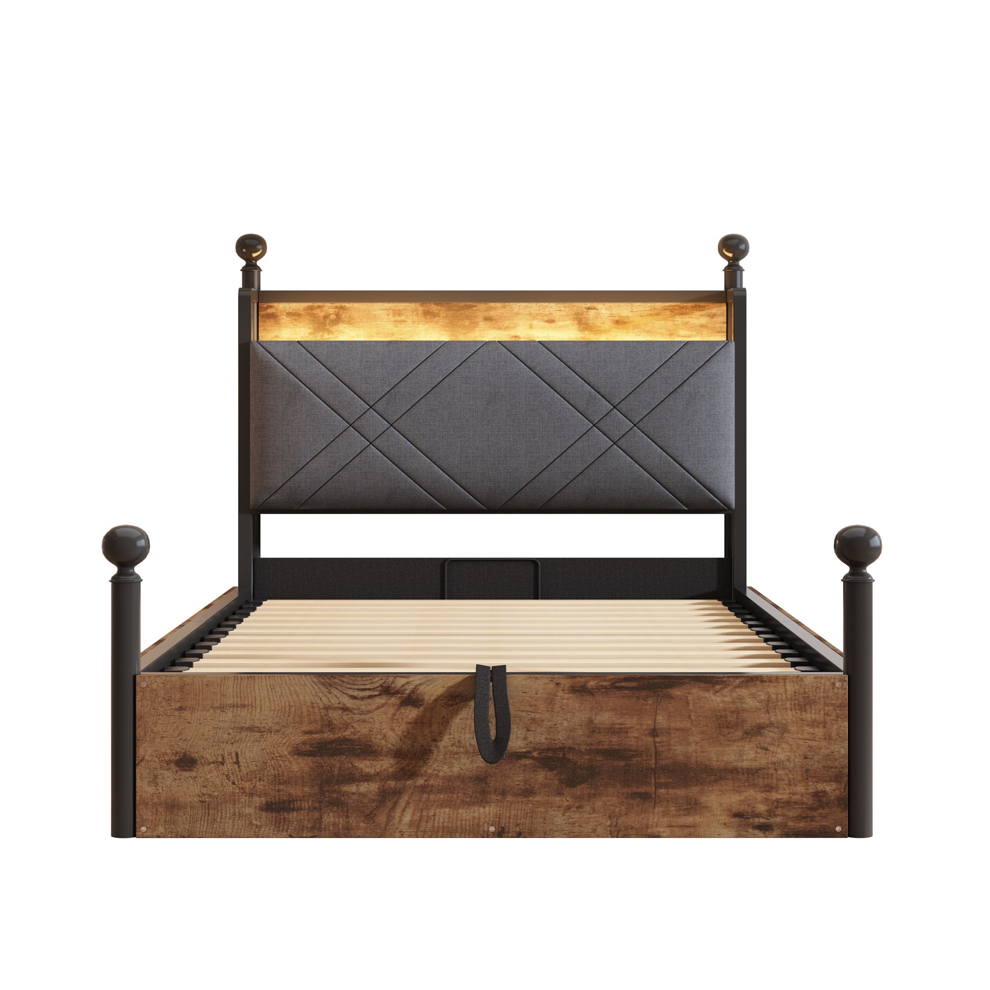Lit coffre 90x190cm Métal Noir, Rangement Hydraulique, Lit simple&nbsp;capitonné avec LED, Prises USB/Type-C, Cadre de lit en bois (Sans Matelas) - 8