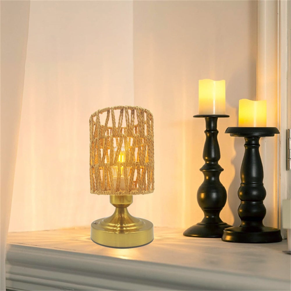 Prosta lampa stołowa z rattanu, ładowalna lampa dekoracyjna do wnętrz, odpowiednia na taras, do sypialni i biura (żarówka w zestawie)