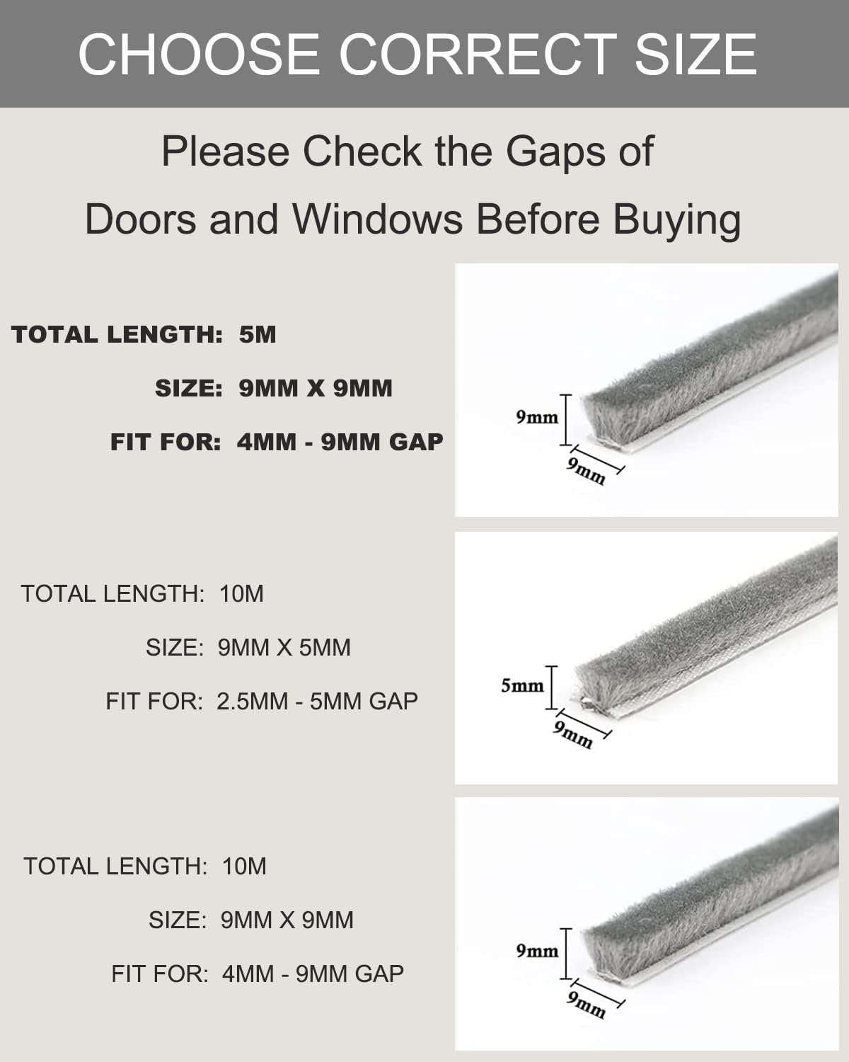 Joint Fenetre Isolation, Joint Porte, Joint Porte Entree, 5 m (L) x 9 mm (l) x 9 mm (T) Bande d'étanchéité à brosse auto-adhésive Arrêt d'air - 3