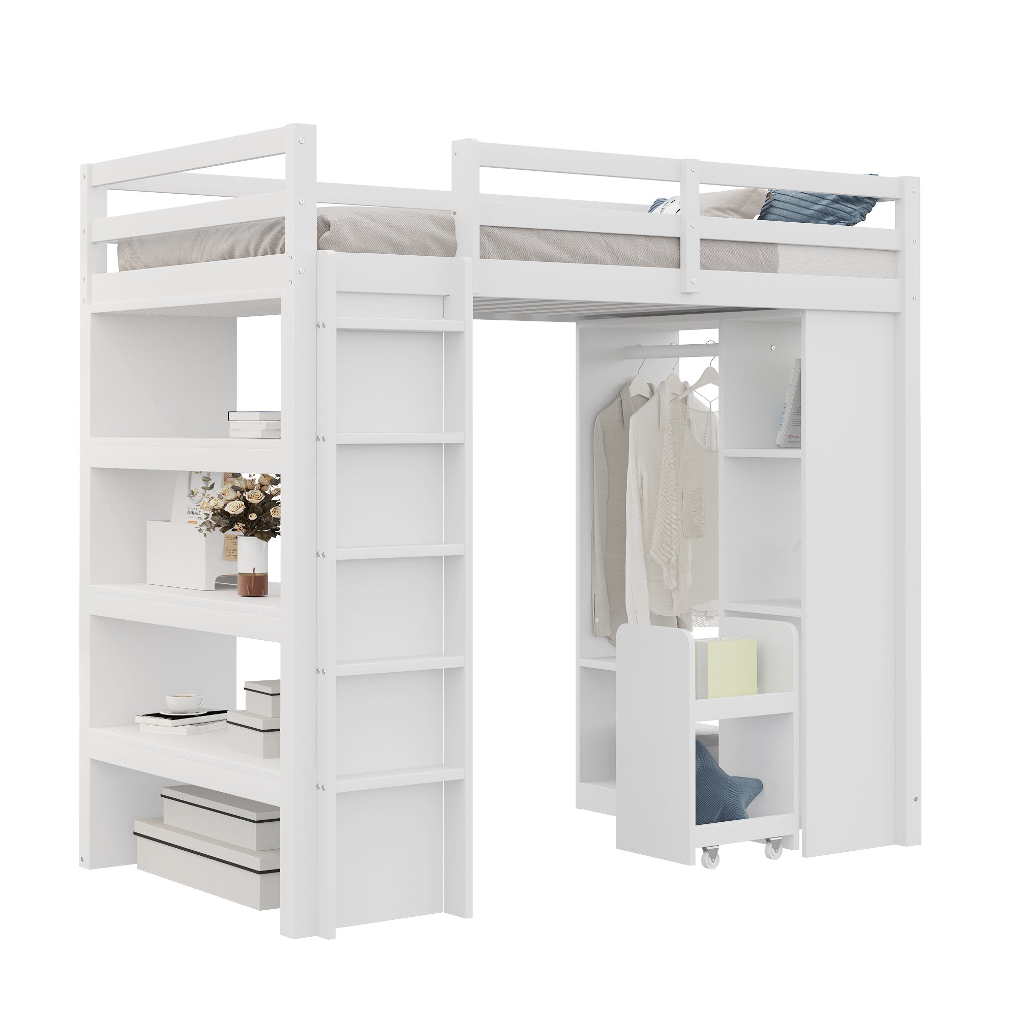 Lit mezzanine enfant 90 x 200 cm avec étagères et armoire ouverte - Pin + contreplaqué + MDF - Blanc (Sans matelas) - 11