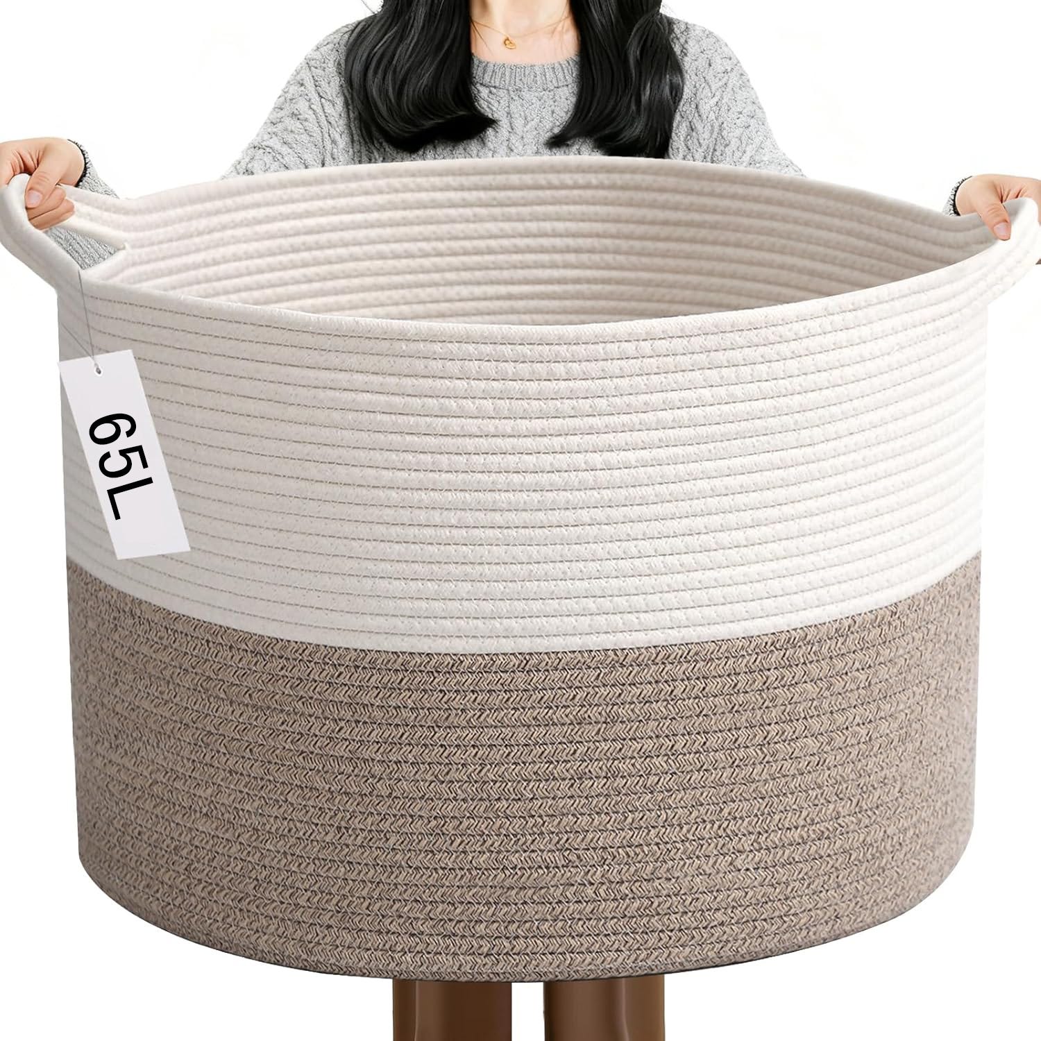 Cesto di Cotone Intrecciata 65L Extra Large, Contenitore Portaoggetti per Lavanderia, Giocattoli, Scarpe, Asciugamani, Organizer per Soggiorno e Camera da Letto, Bianco e Kaki, 57x38x30cm Cesto di Cotone Intrecciata 65L Extra Large, Contenitore Portaoggetti per Lavanderia, Giocattoli, Scarpe, Asciugamani, Organizer per Soggiorno e Camera da Letto, Bianco e Kaki, 57x38x30cm