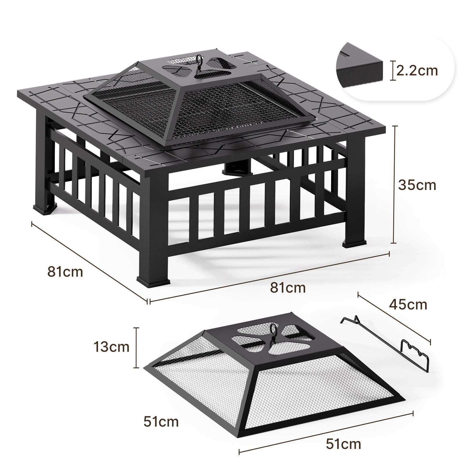 Brasero Extérieur Carré Acier 81 x 81 x 48 cm- 3 en 1 avec Fonction Barbecue&nbsp;avec Grille Tisonnier et Couvercle Bealife - 3