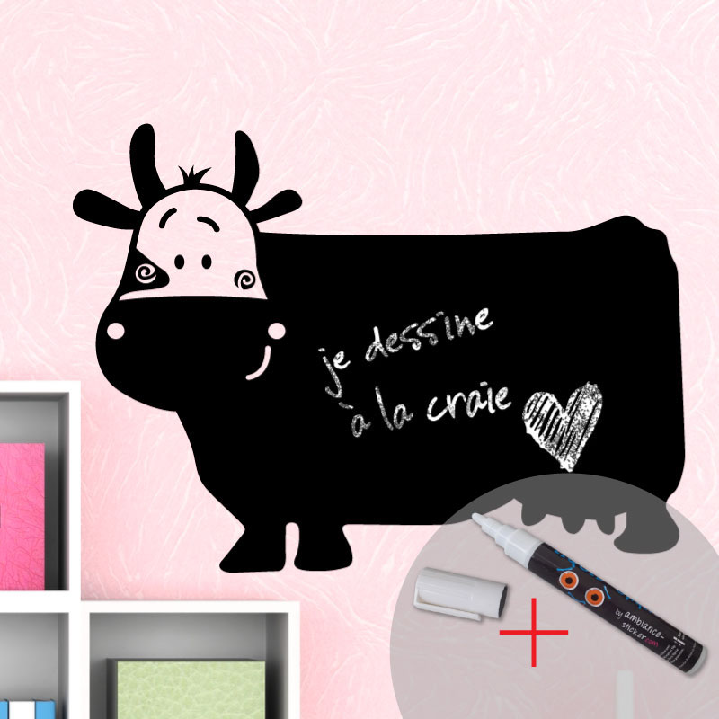 Vinilo pizarra una vaca sonriente + tiza líquida blanca - adhesivo de pared - revestimiento sticker mural decorativo - 90x120cm