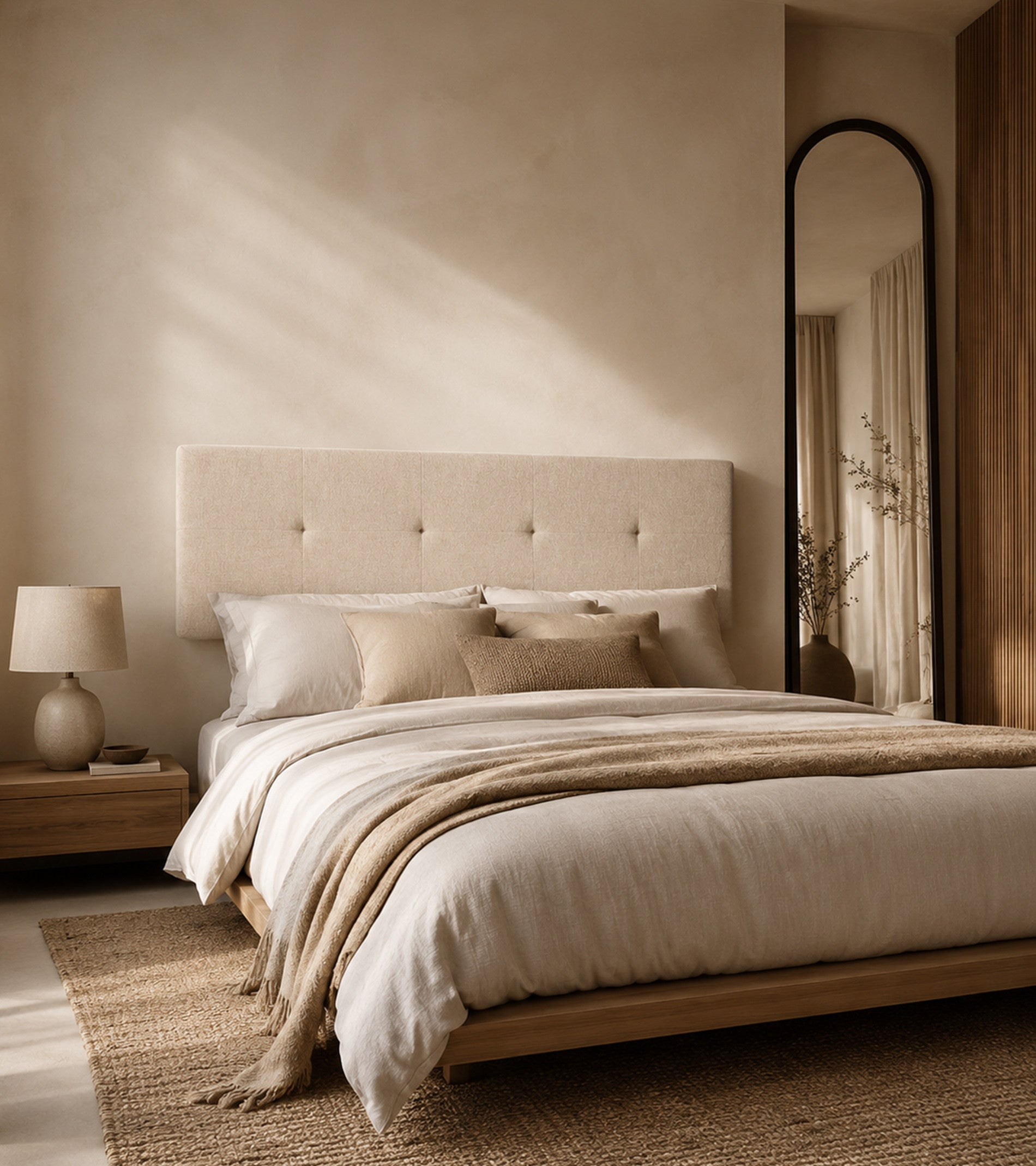 Cabecero de cama JENSEN tapizado en tela beige, cama doble 150 cm - 2