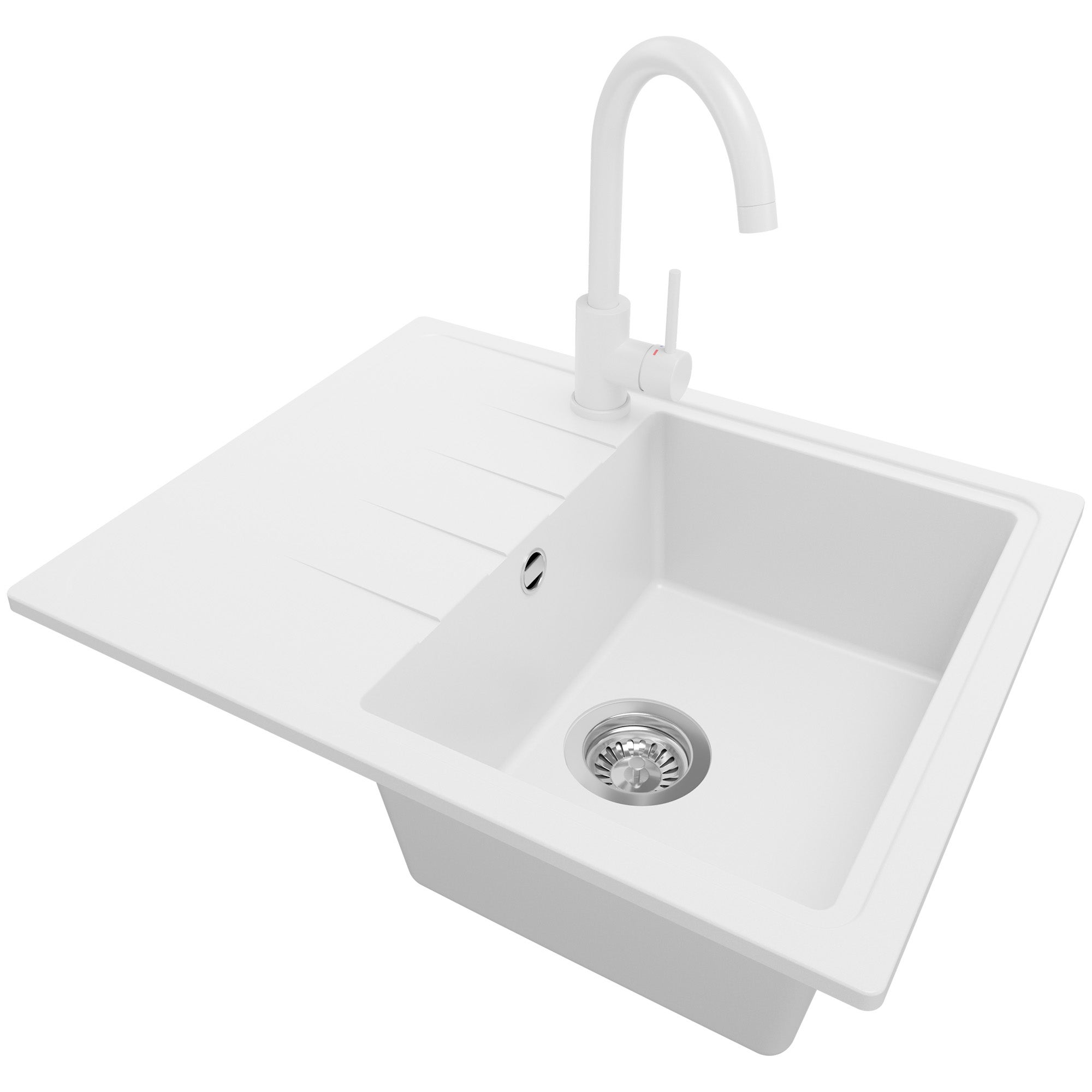 Zlewozmywak Granitowy Biały 62x50cm, Zlew Kuchenny 1 Komorowy + Bateria 32x20cm + Syfon, Nablatowy do szafki od 40cm - Mediolan PRIMAGRAN