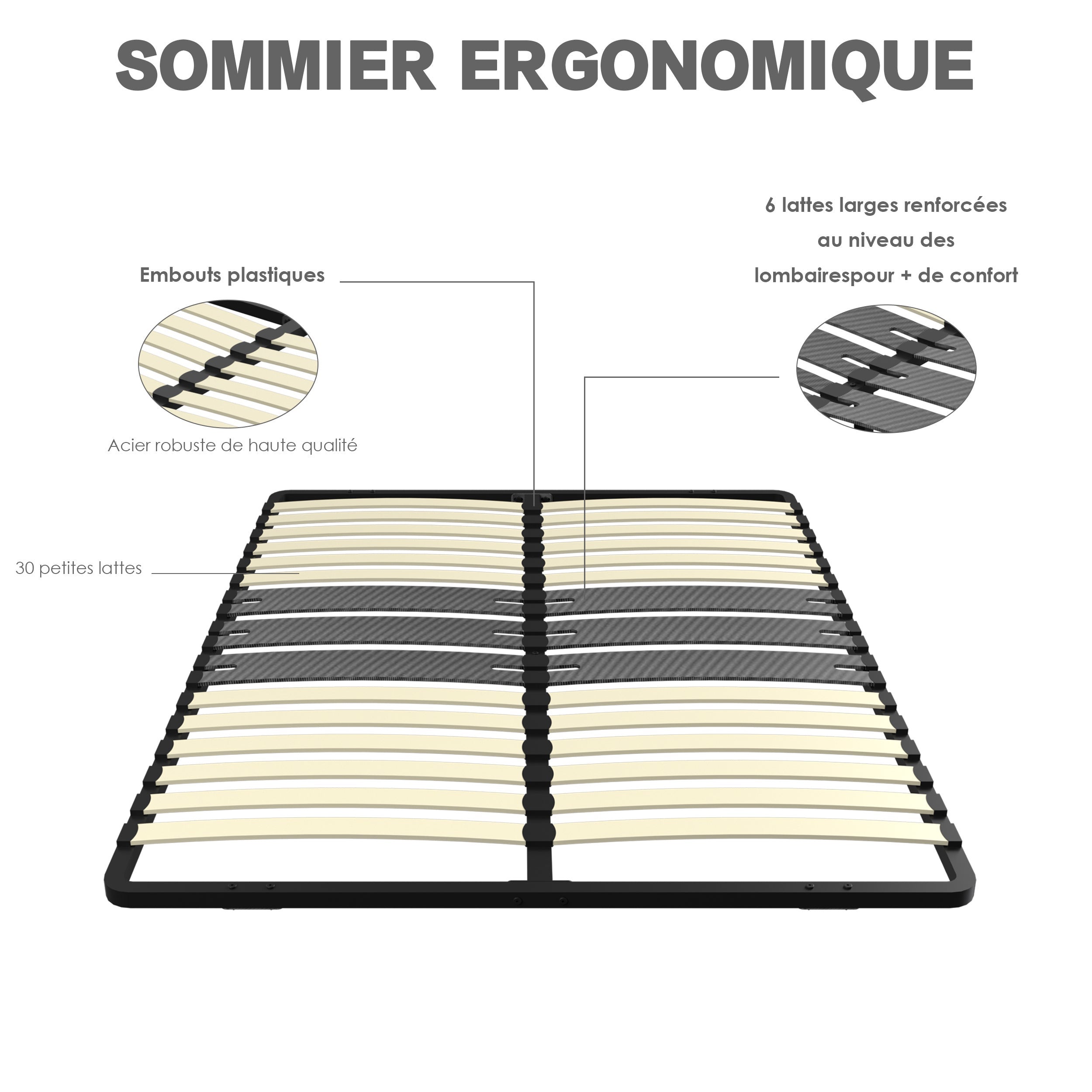 DEWINNER Cadre lattes 140x190 cm, 2x15 Lattes Peuplier Naturel - 3