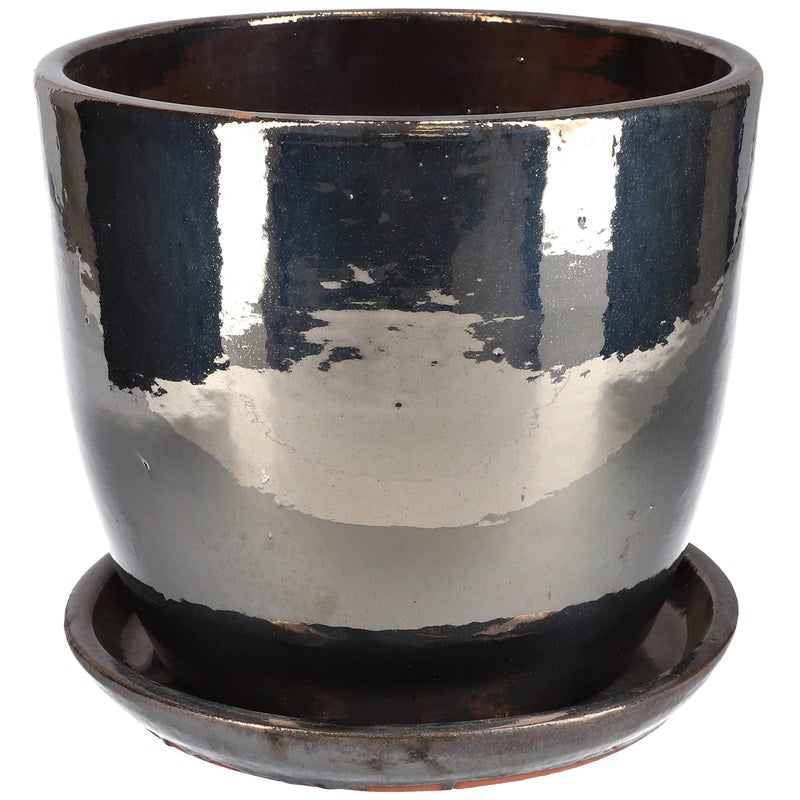 Doniczka donica ⌀ 31 cm osłonka ceramiczna z podstawką na kwiaty grafitowa - KOTARBAU