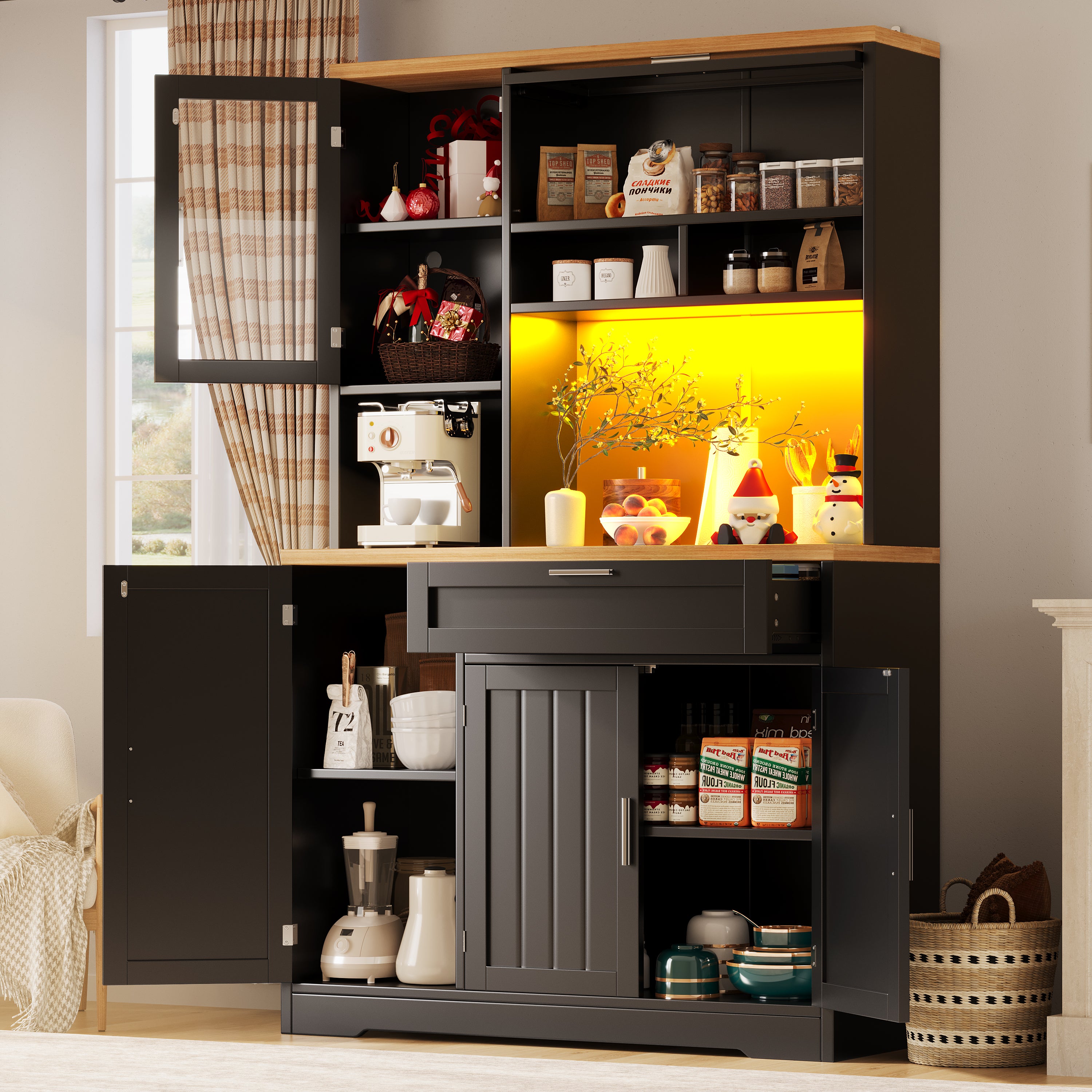 Buffet haut vaisselier de cuisine 104x40x180cm avec éclairage LED intégré, vitrine de rangement moderne pour salon, grande capacité, Noir - 2