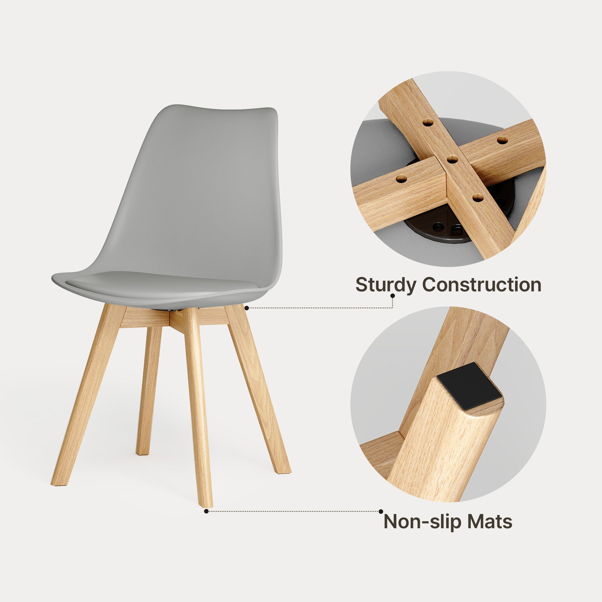 Chaise de cuisine 2 places gris,design scandinave moderne,dossier ergonomique,pieds en bois massif,assise rembourrée imperméable - 4