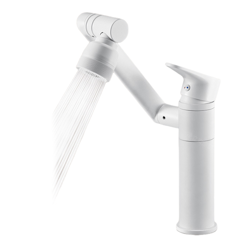 Bateria umywalkowa wysoka, obrotowa o 360 stopni, jednootworowa, z wężem dopływowym wody, biała