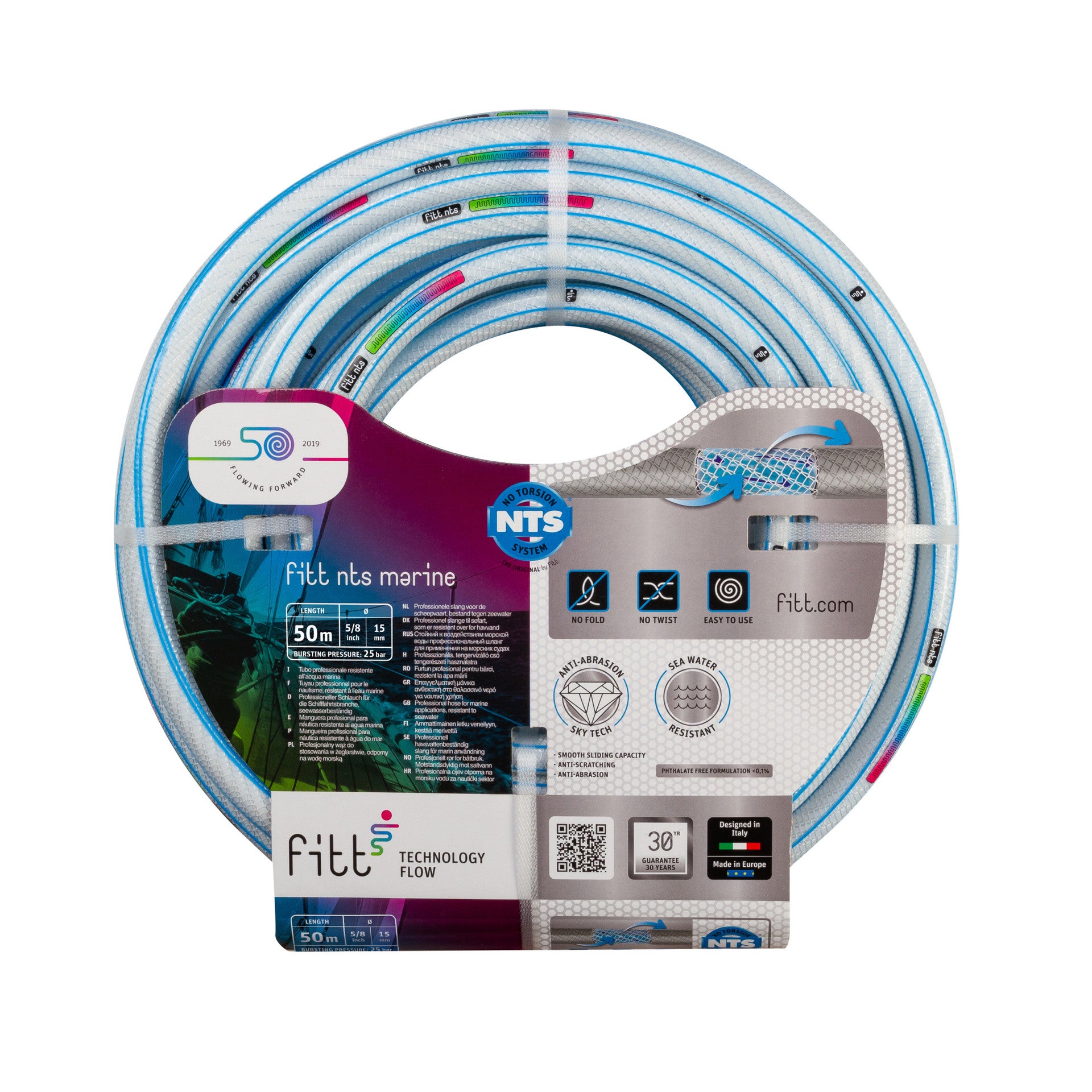 Manguera Náutica FITT NTS MARINE 5/8'' 25m - Anti-UV Y Resistente Al Agua Salada (blanca/azul)