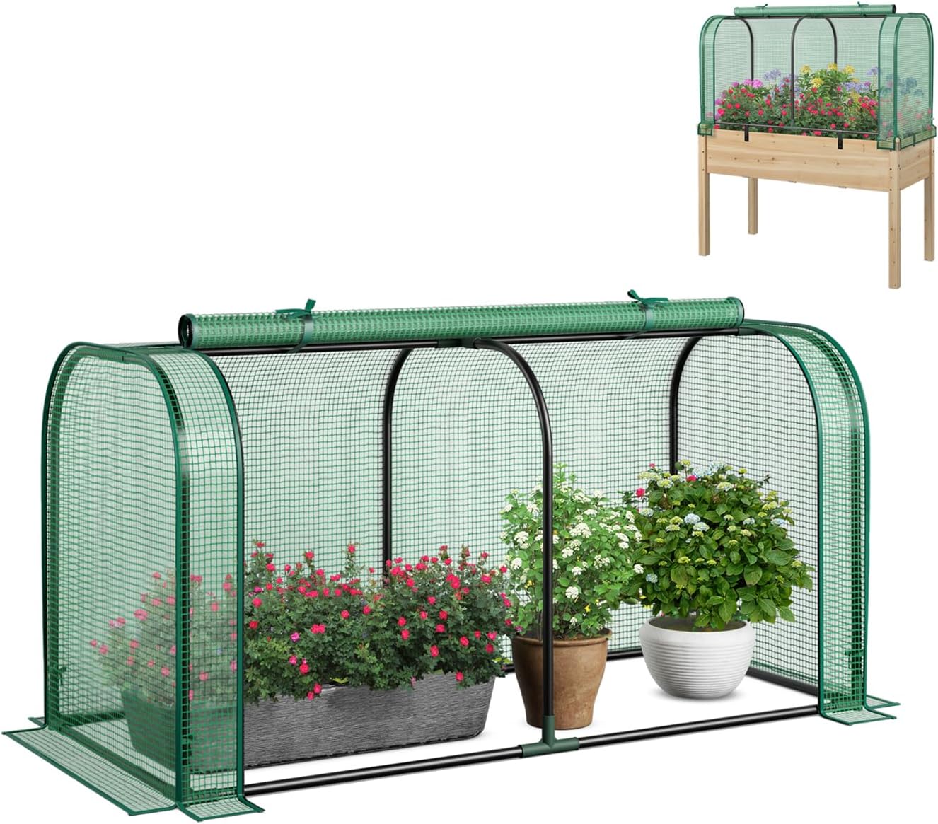 Seră de grădină cu ușă rulantă, 118 x 55 x 60 cm, husă din PE impermeabilă și protejată de soare, compatibilă cu straturile (verde)