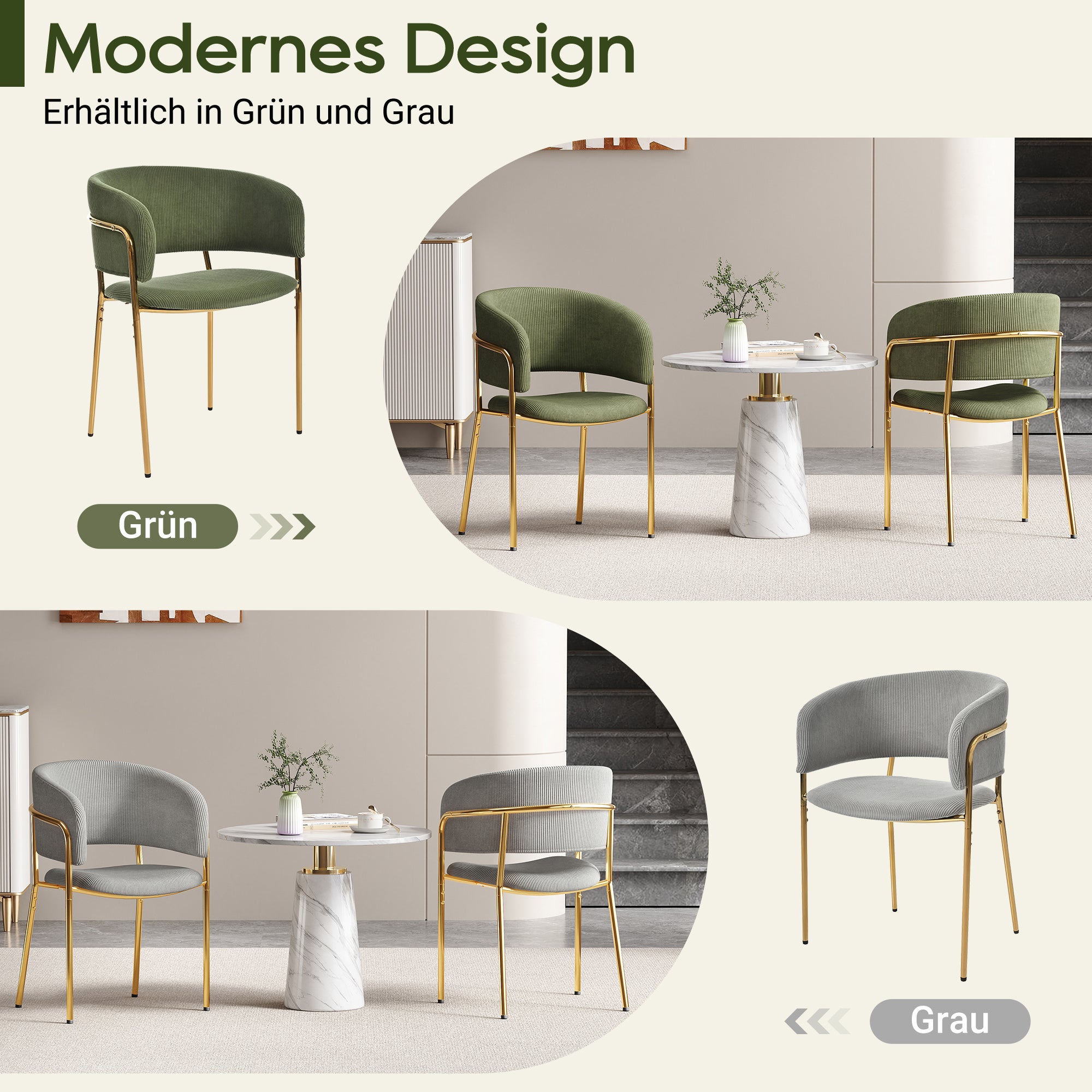 Lot de 2 chaises de salle à manger avec accoudoirs - 55 x 55 x 80 cm - Velours côtelé et pièds en métal doré - Vert - 5