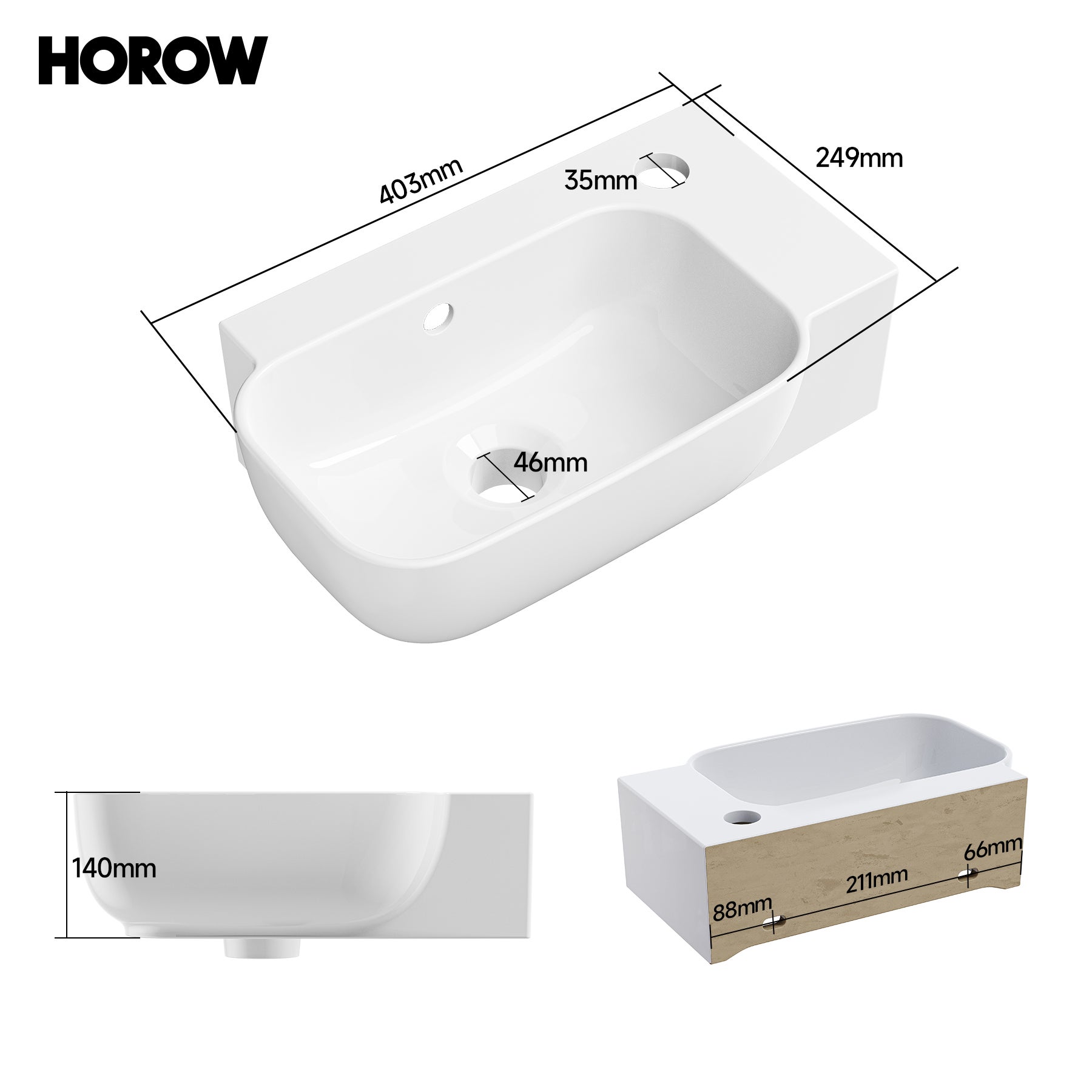 Lavabo mural, vasque à poser, lave-mains mural, vasque 40,3 x 24,9 x 14 cm avec trou pour robinet et trop-plein HOROW - 2