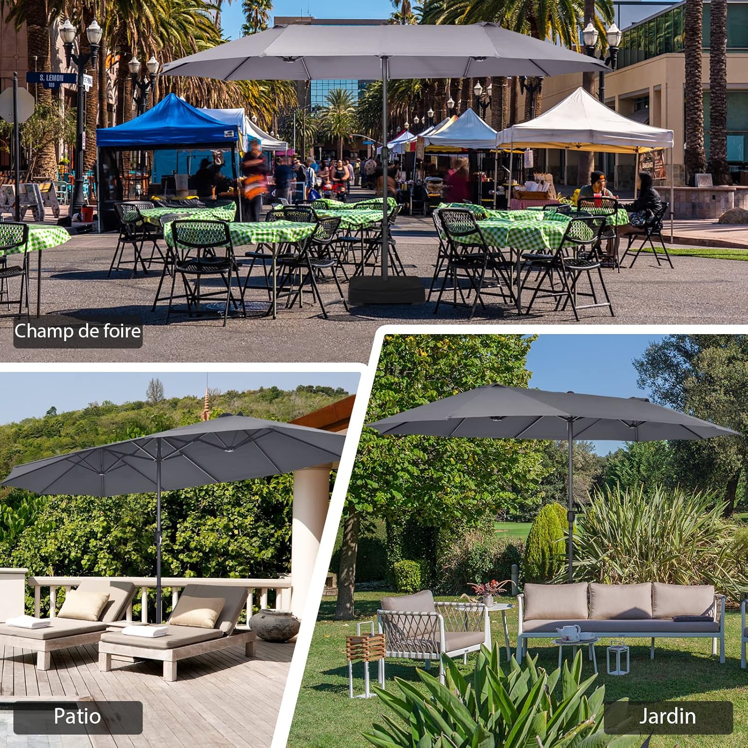 Parasol de Jardin Exterieur 4,7M Grand Parasol Manivelle, 12 Baleines, Poteau Φ48MM, Résistant aux UV, Parasol Double Face Base Non Incluse, Gris - 8