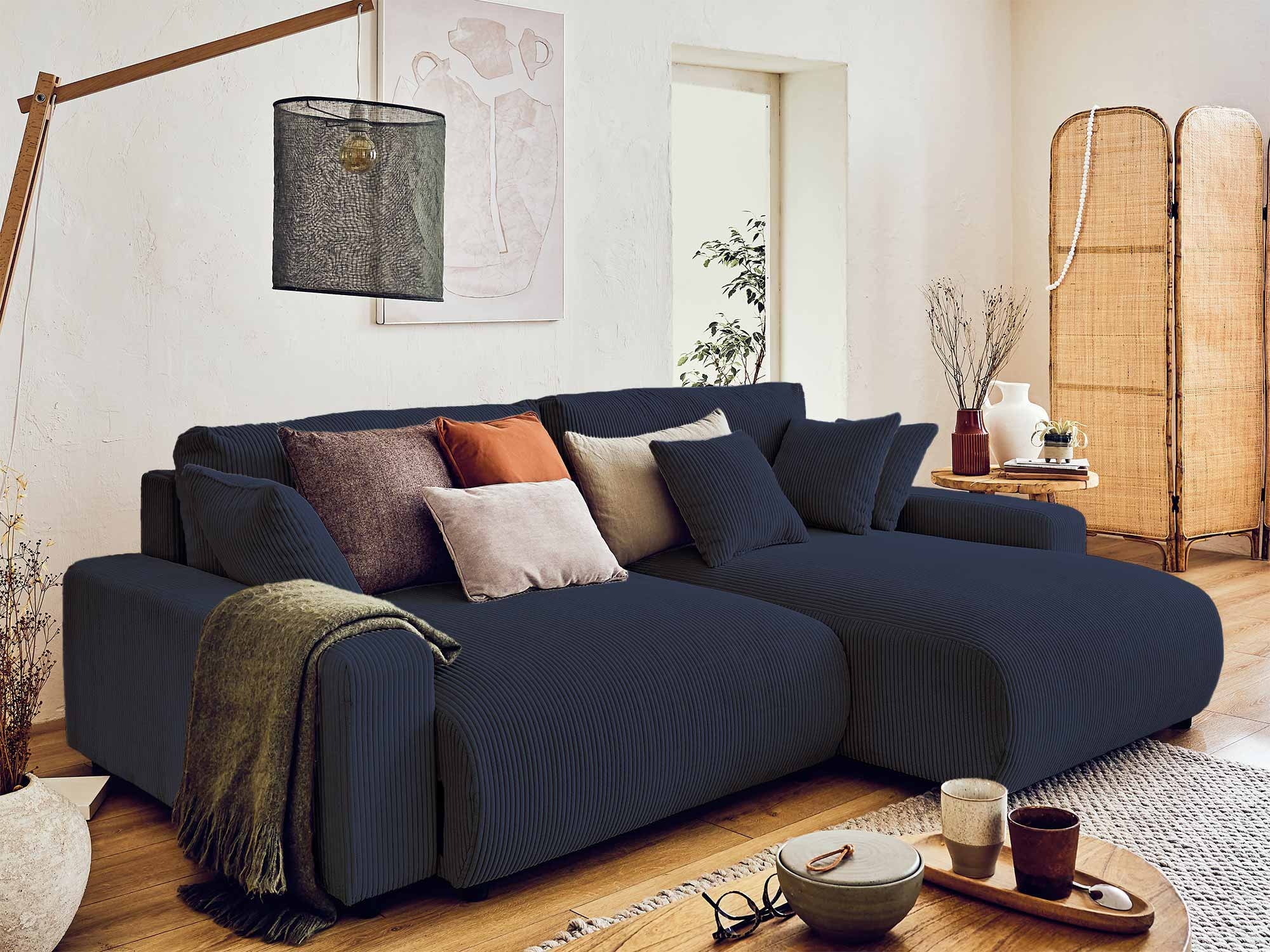 Canapé d'angle réversible convertible 4 places en velours côtelé bleu nuit - PIVOINE - Best Mobilier - 5