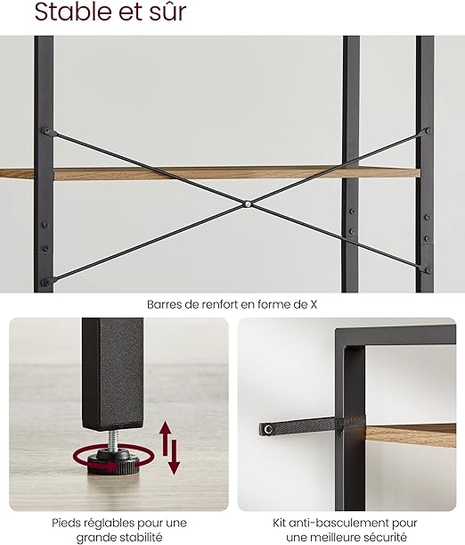 Étagère 6 Niveaux, Bibliothèque, Meuble de Rangement, 30 x 80 x 186 cm, Style Industriel, Noisette Foncé et Noir - 3