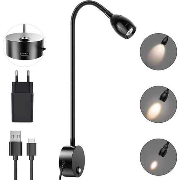 Kinkiet do czytania, lampka nocna LED, włącznik dotykowy, regulacja ostrości, 3 W