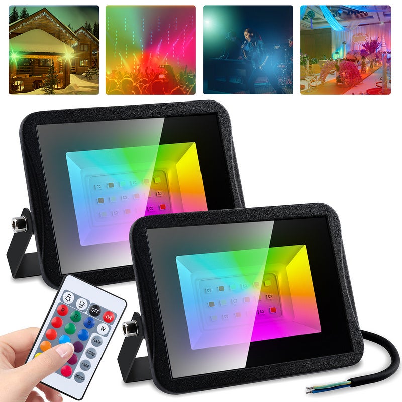 2 Faretti LED RGB Esterni 15W (Equiv. 100W) – Impermeabili IP65 Con Telecomando RF E Memoria