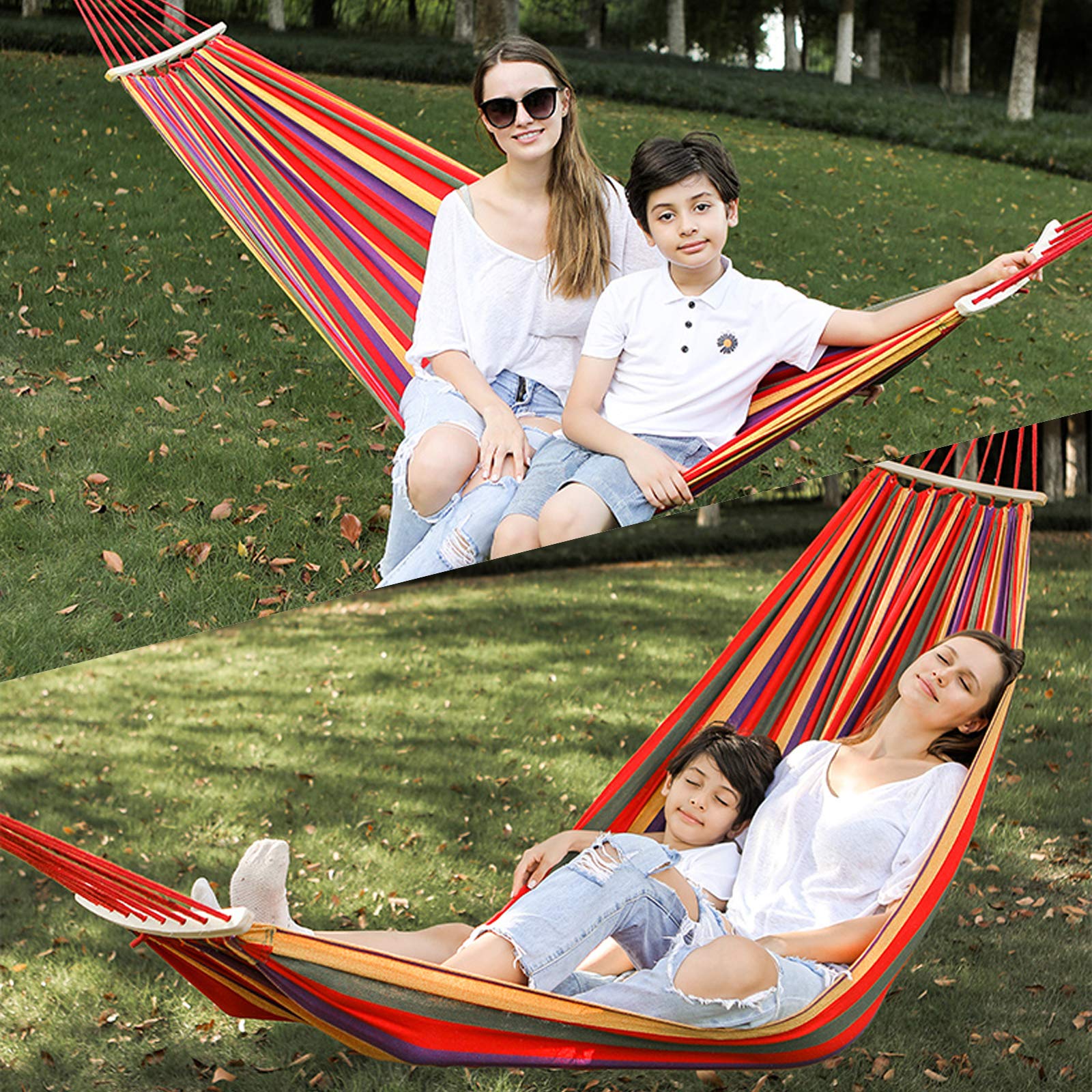 Hamac double, hamac en toile de coton pour 2 personnes, 450 lb, avec sac de transport, deux poutres d'équilibre anti-roulis, pour patio et jardin - 3