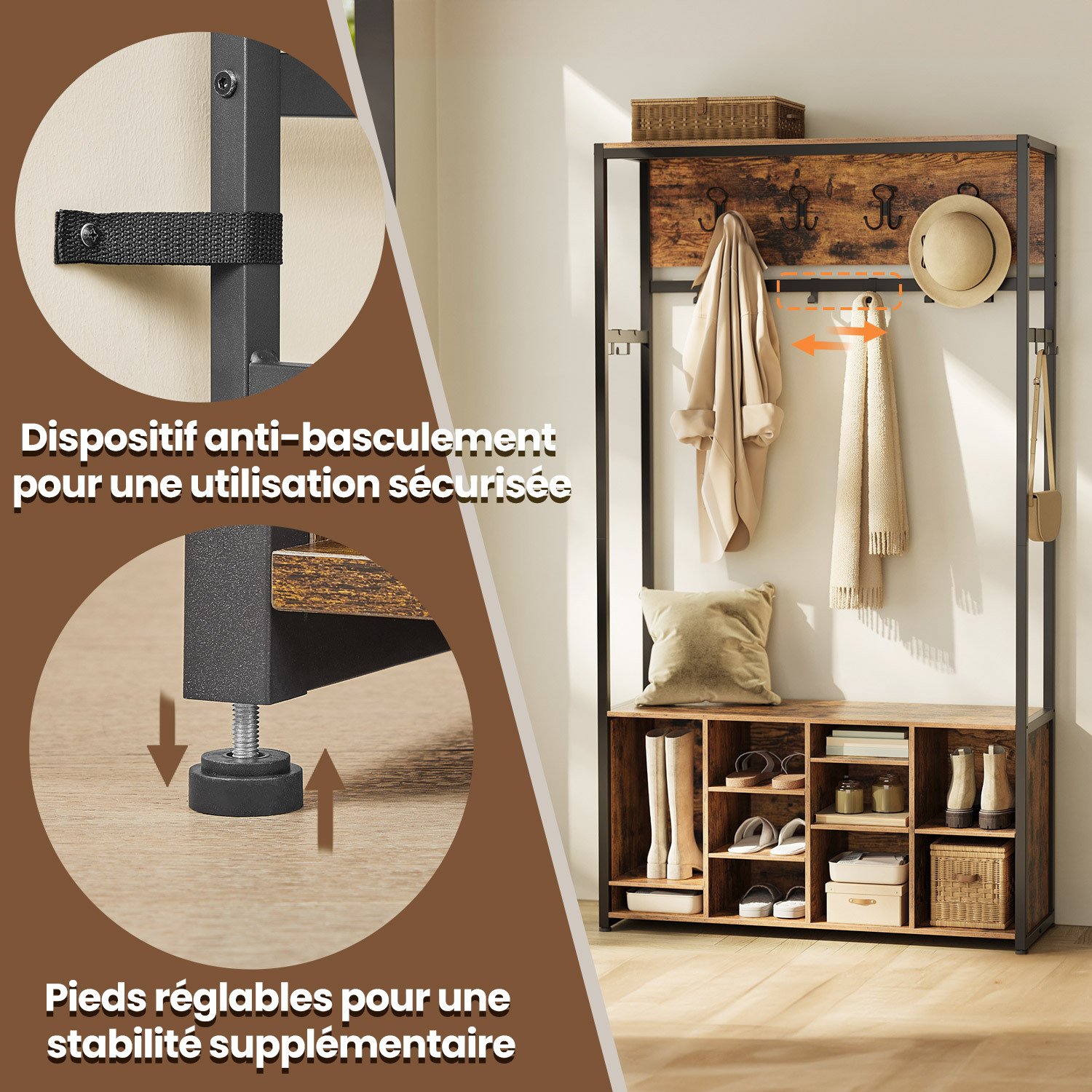 Porte-Manteau avec Banc et Rangement à Chaussures, Meuble d'Entrée, Marron et Noir - 6