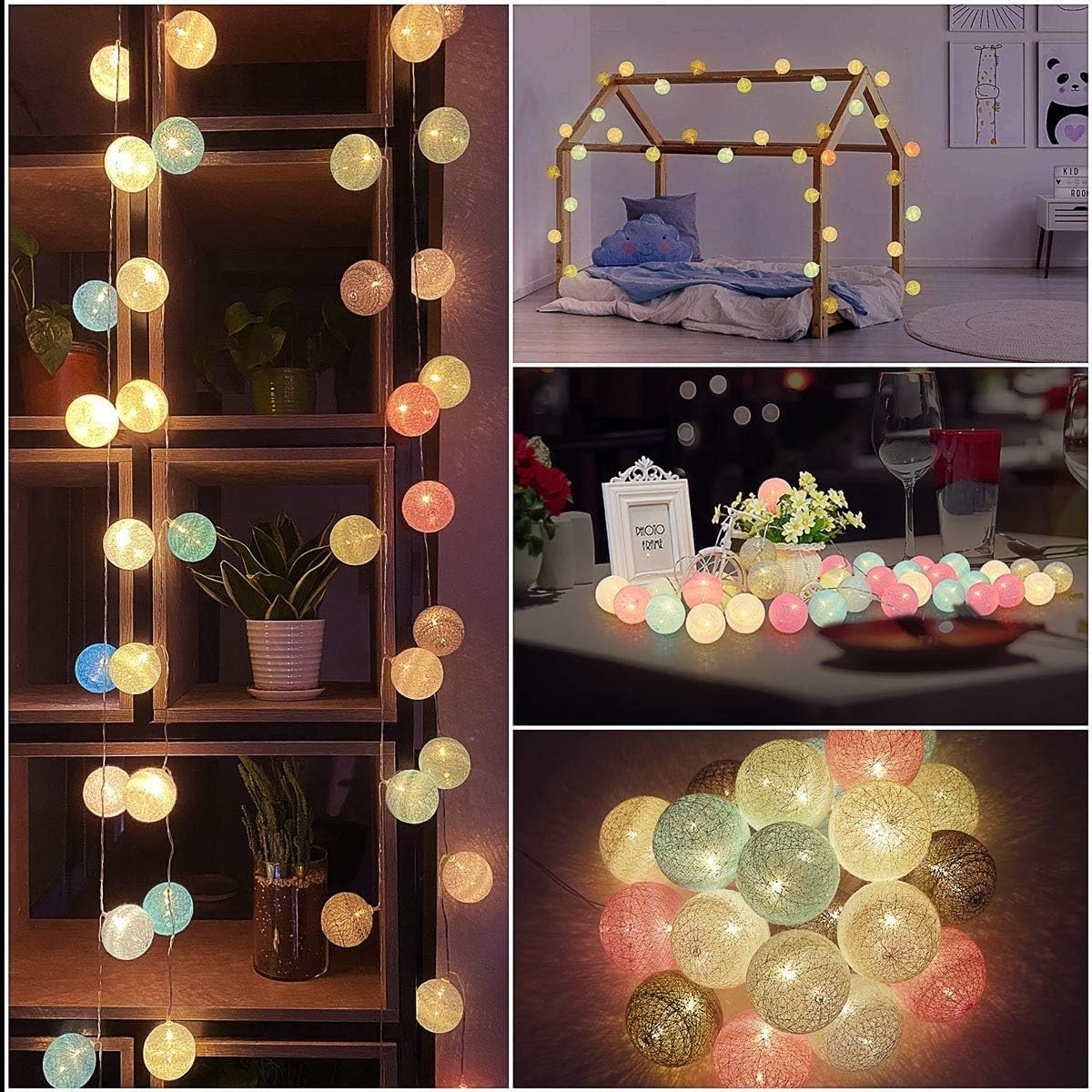 Bande lumineuse boules de coton - 3 m 20 LED - Couleur macaron - Alimentation par piles - Lumière blanche chaude (avec flash) - 5