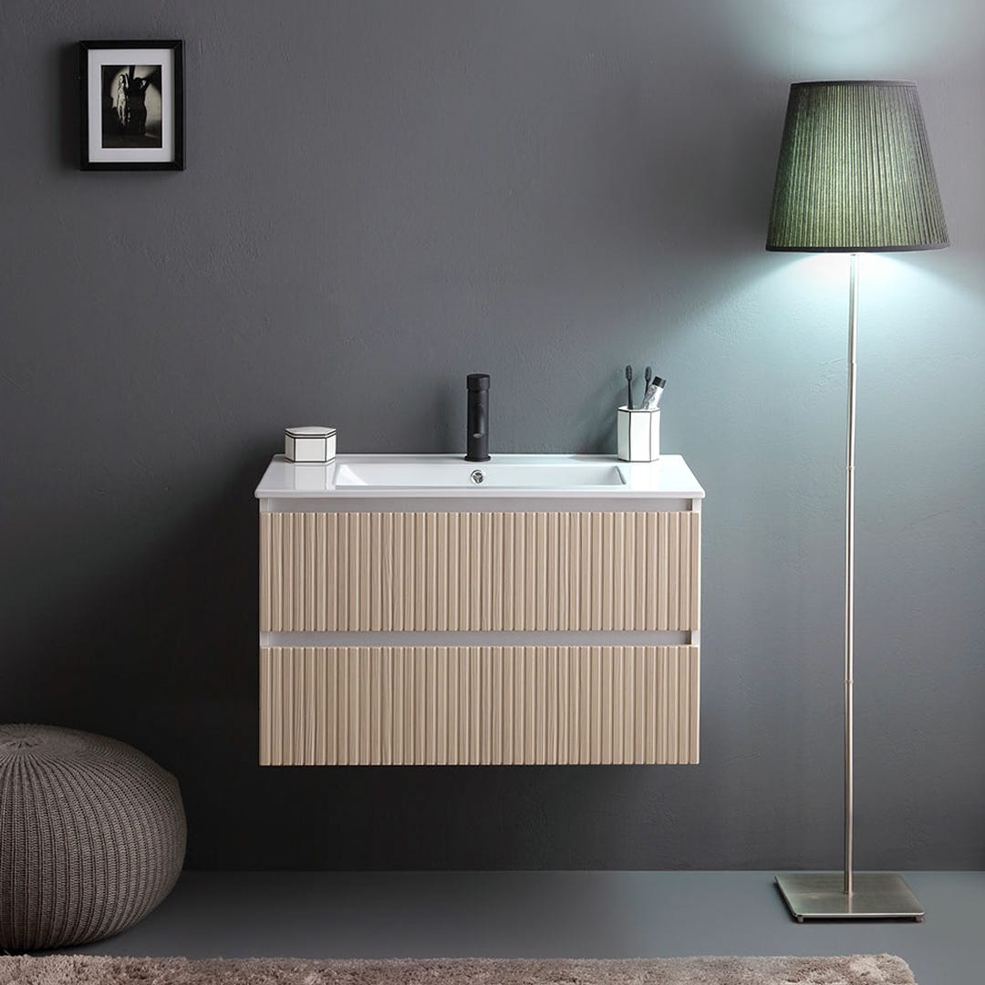 Mobile bagno sospeso 80cm bianco con 2 cassetti rovere cannettato | Bilbao - 3
