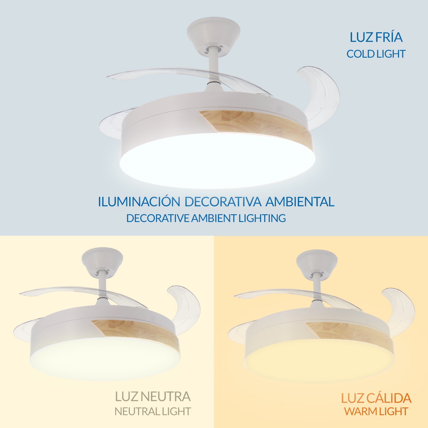 IluminaShop - Ventilador de Techo LED Messe Madera 72W Blanco DC Ultra Silencioso con Mando a Distancia y Palas Retráctiles Verano / Invierno - 6