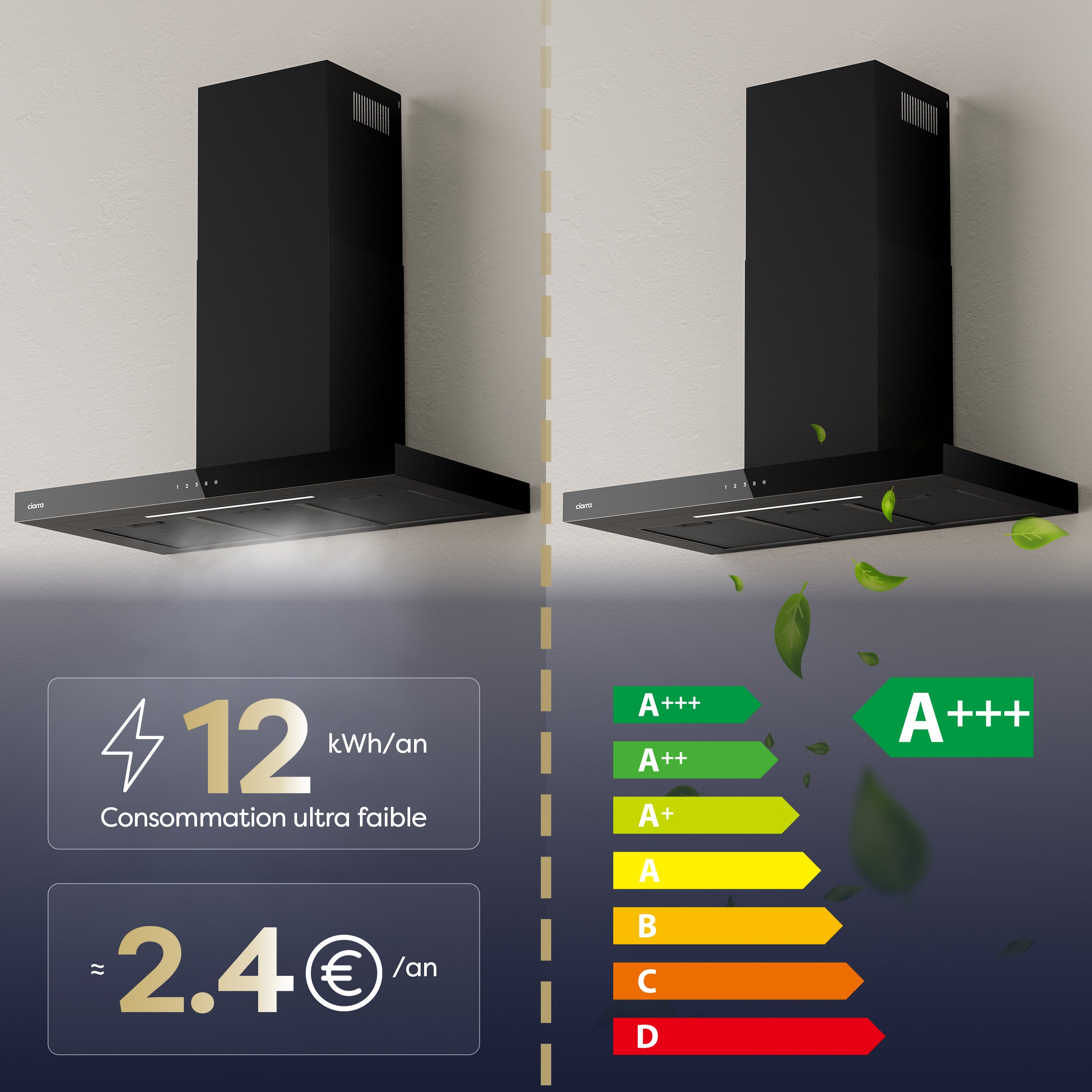 CIARRA Cappa Aspirante 90cm 706 m3/h A+++ 4 Velocità Booster Controllo App e Pannello Touch Ricircolo o Scarico Nero CD9102B - 3
