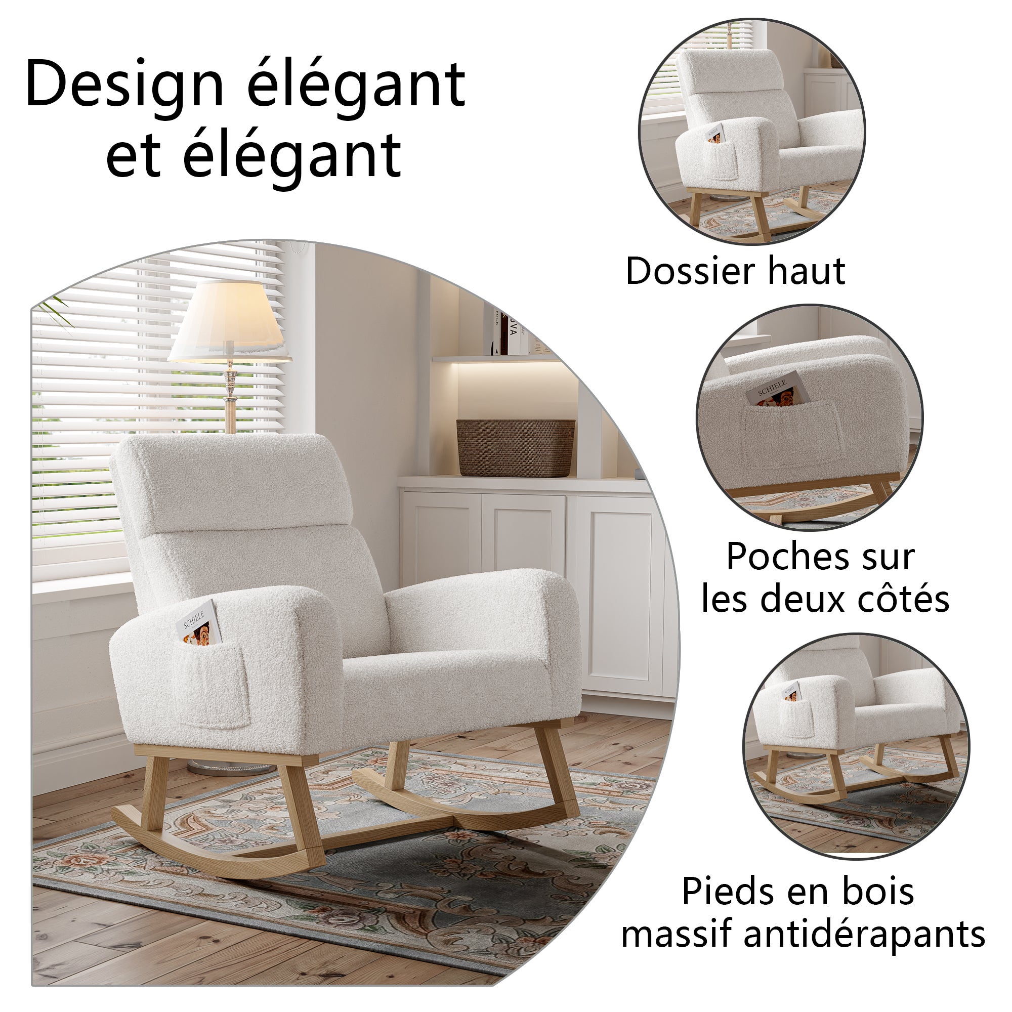 Fauteuil à Bascule, Rocking Chair en Tissu Teddy, Fauteuil Allaitement Scandinave, Chaise à Bascule en Bois Massif pour Salon, Chambre, Balcon, Blanc - 5