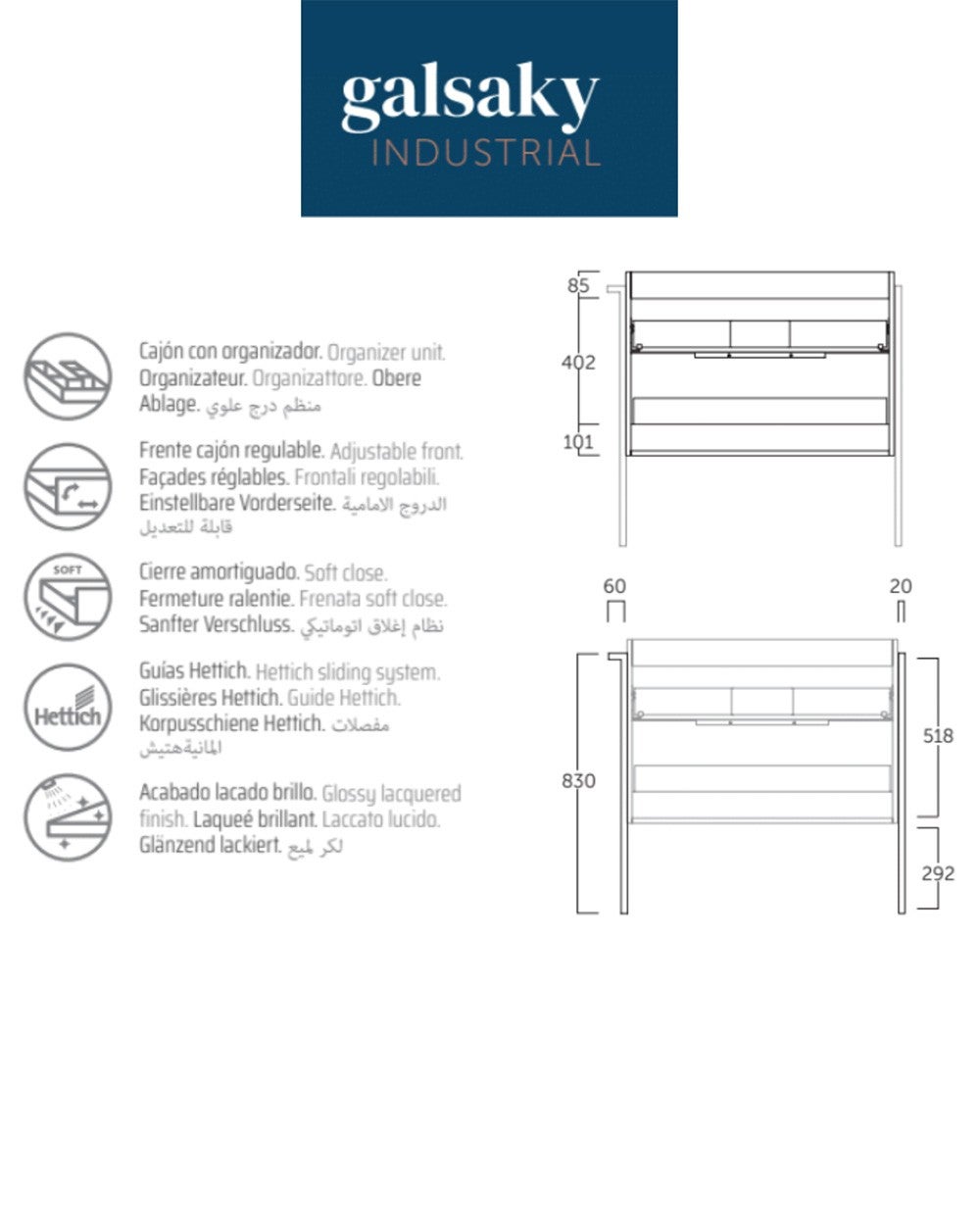 Armadio da bagno montato a pavimento con lavandino in ceramica | 120cm (2 seni) | 2 cassetti con chiusura imbottita e organizzatore | Bianco lucido - 3