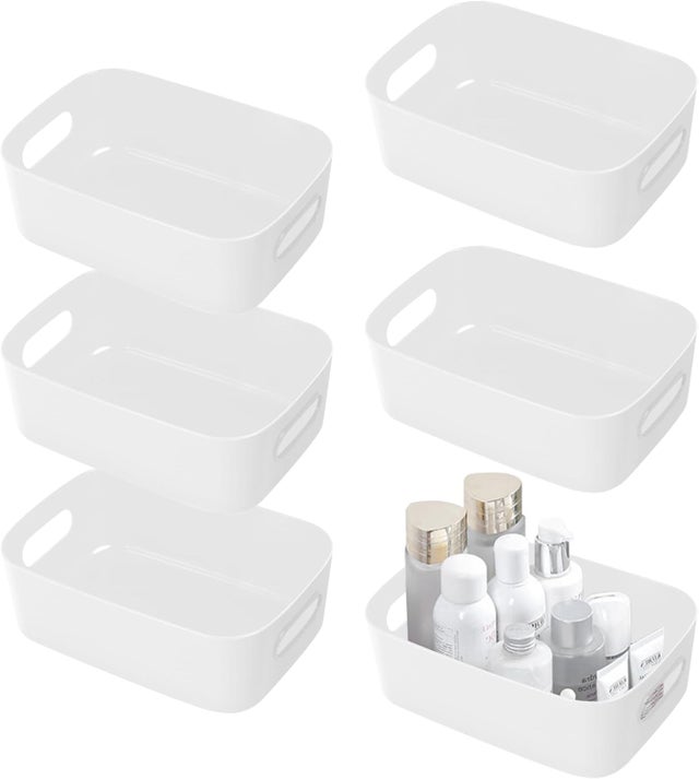 Lot de 6 Boîtes de Rangement en Plastique Blanc, Boite Rangement avec Poignées, Paniers et Boîtes de Rangement Salle de Bain, bac de Rangement pour Cu