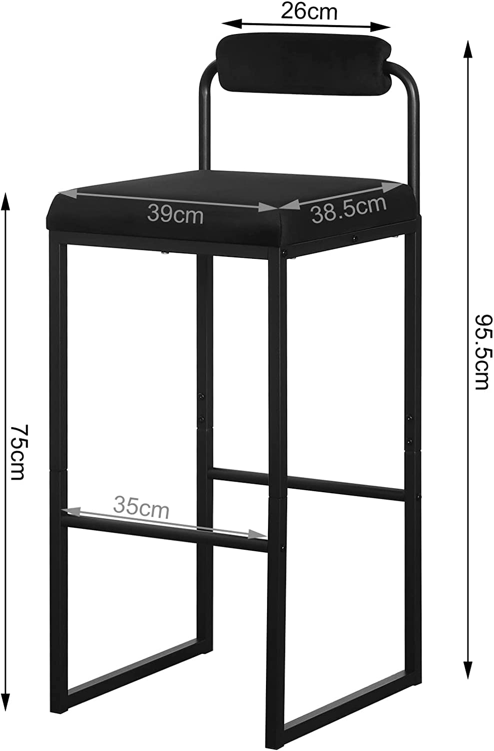 Lot de 2 Tabourets de Bar en Velours et Métal WOLTU, Chaise Haute Bar, Design Moderne, Hauteur du Siège 75cm, Noir - 4
