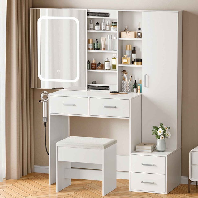 Scrivania da trucco con specchio,mobiletto da trucco con cassetto e ripiani portaoggetti,3modalità di colore disponibili per la camera da letto,bianco