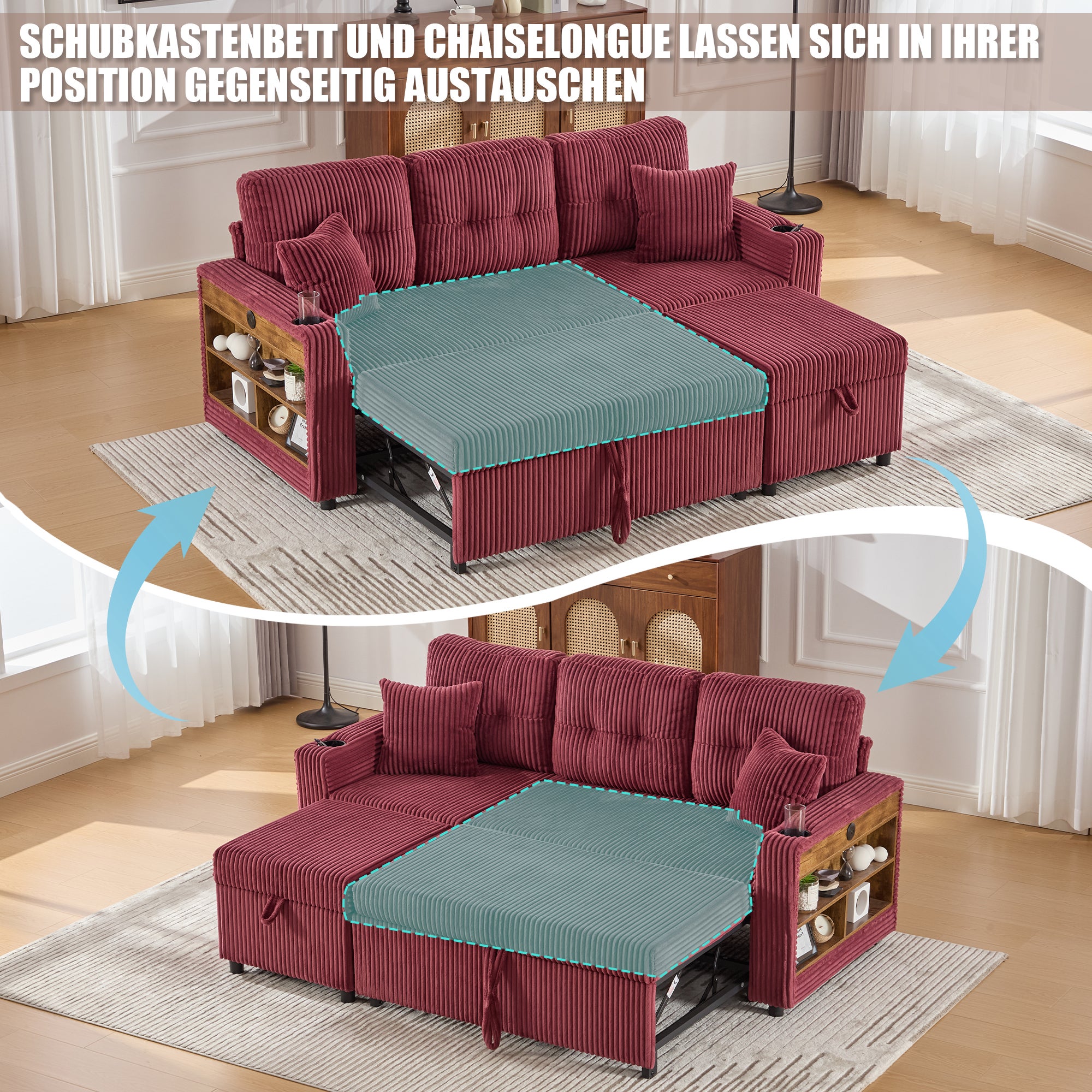 Canapé multifonctionnel en velours côtelé - Rangement + Lit pliant + USB-C + Éclairage d'ambiance + Porte-gobelet (Salon/Chambre d'amis) - 3